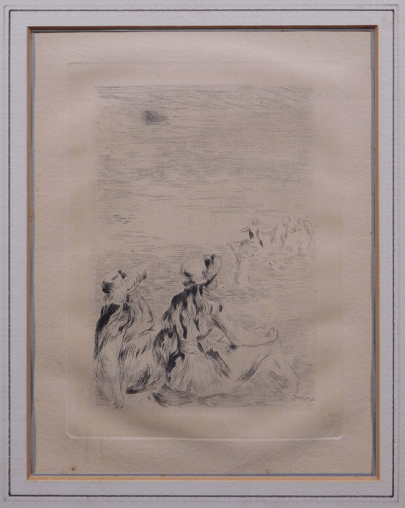 Pierre-Auguste Renoir: Sur La Plage, Berneval: Pierre-Auguste Renoir (French, 1841-1919): Sur La Plage, Berneval. Posthumous etching on paper, framed. Pierre-Auguste Renoir was a French artist who was a leading painter in the development of the