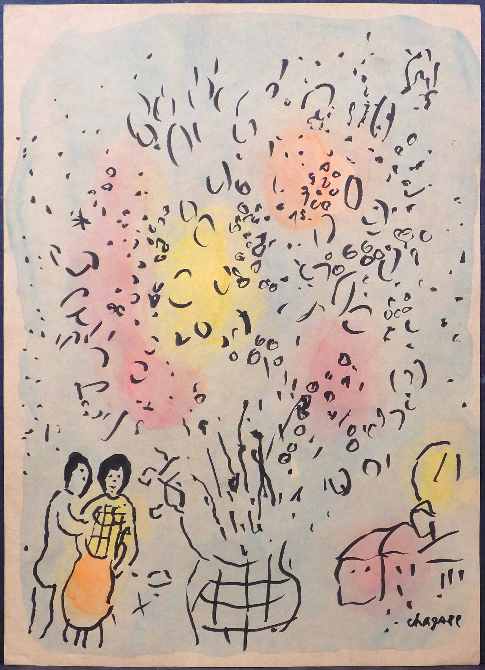 Marc Chagall, After: Couple and Fireworks: Marc Chagall (Russian French, 1887-1985) Manner of: Couple and Fireworks. Bushed ink and watercolor, signed lower left, unframed. Marc Chagall was a Russian-French artist of Belarusian Jewish