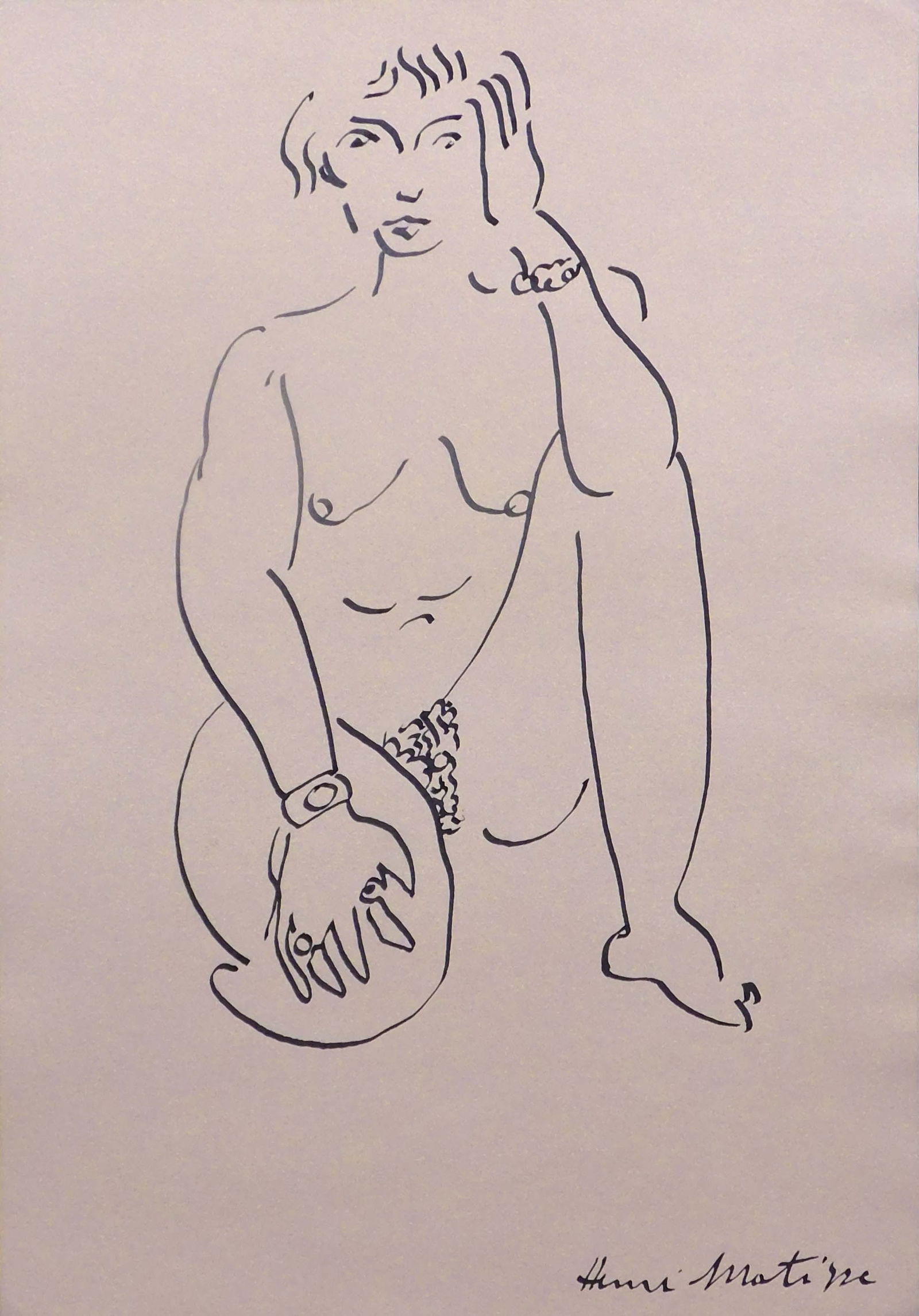 Henri Emile Benoit Matisse, Manner of: Femme Nue: Henri Emile Benoit Matisse (French, 1869-1954) Manner of: Femme Nue. Hand drawn pen and ink on paper, signed lower right, unframed. Matisse was known for both his use of colour and his fluid and