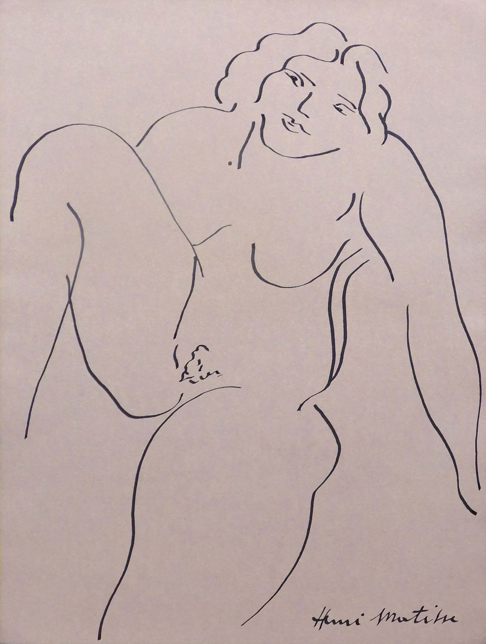 Henri Emile Benoit Matisse, Manner of: Femme Nue: Henri Emile Benoit Matisse (French, 1869-1954) Manner of: Femme Nue. Hand drawn pen and ink on paper, signed lower right, unframed. Matisse was known for both his use of colour and his fluid and