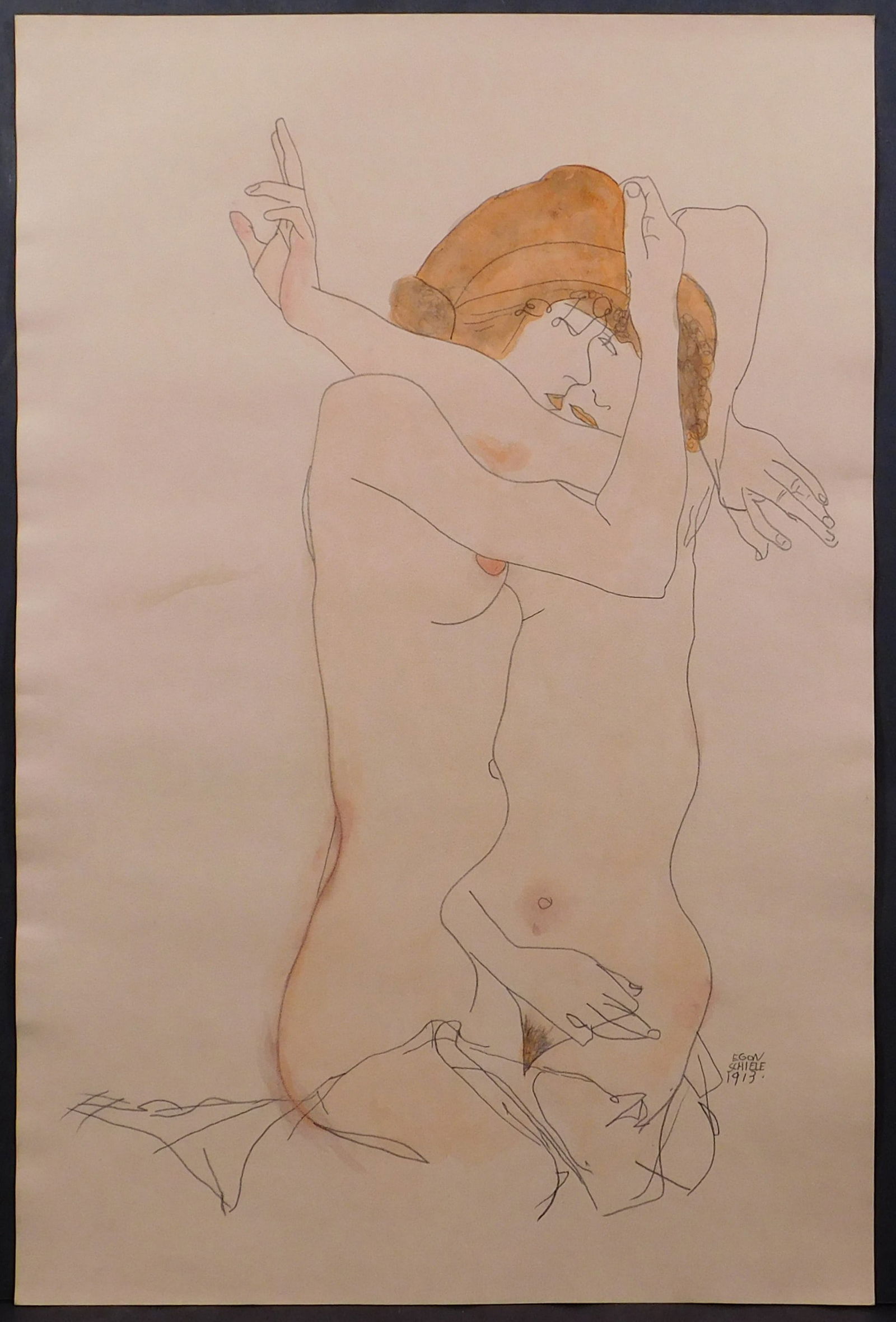 Egon Schiele, Manner of: Two Nude Women Embracing: Egon Schiele, Manner of (Austrian, 1890-1918) : Two Nude Women Embracing, ca 1913. Pencil and crayon on paper, signed and dated (1911) in the center. Verso shows decorative stamp. Unframed. Compared