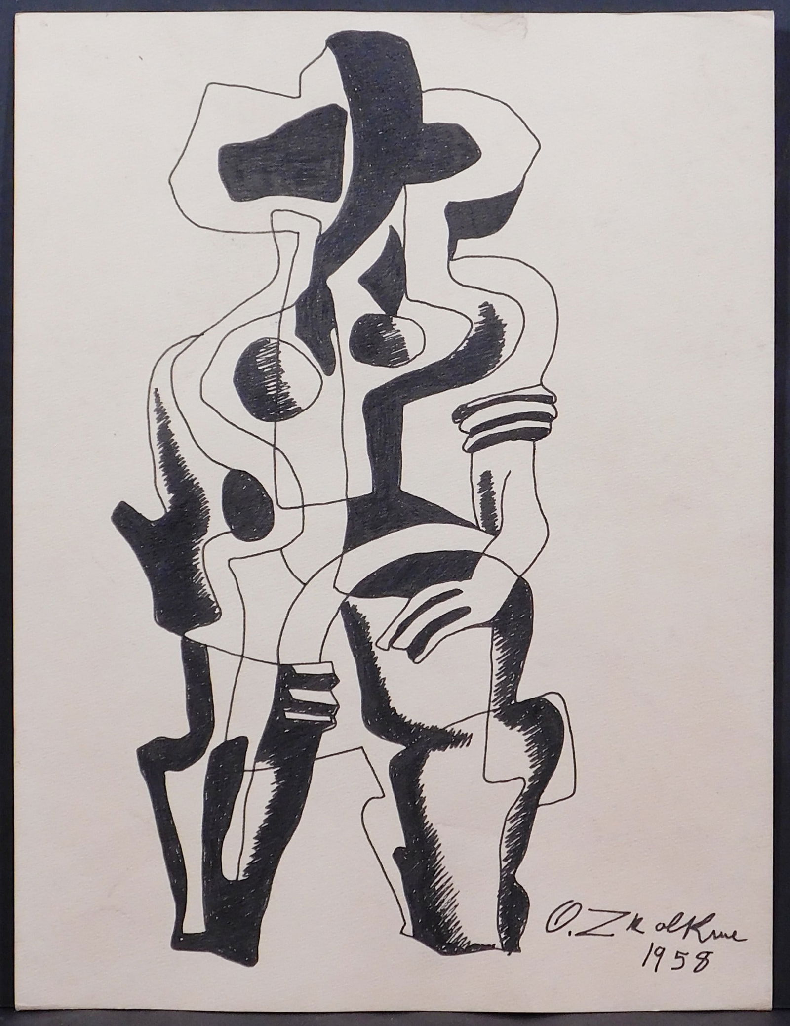 Ossip Zadkine, Manner of: Woman in a Hat: Ossip Zadkine (Russian 1888-1967) Manner of: Woman in a Hat, 1958. Pen and ink on paper. Signed and dated lower right. Unframed. Zadkine was a Russian cubist sculptor and painter who spent most of