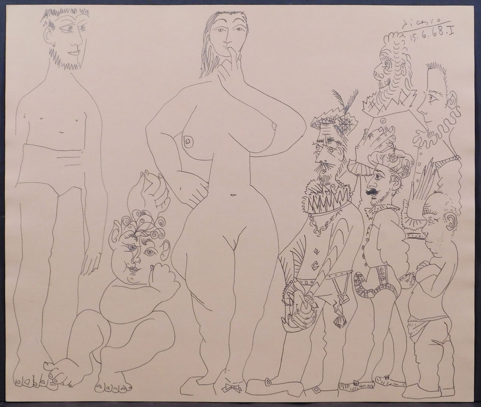 Style of Pablo Picasso: Nude woman, Musketeers, and other Characters: Style of Pablo Picasso: Nude woman, Musketeers, and other Characters, 15.6.68 I. Graphite on paper, signed and dated, unframed. Decorative stamp and pencil marking (075) verso. 28.8 x 33.8 cm;