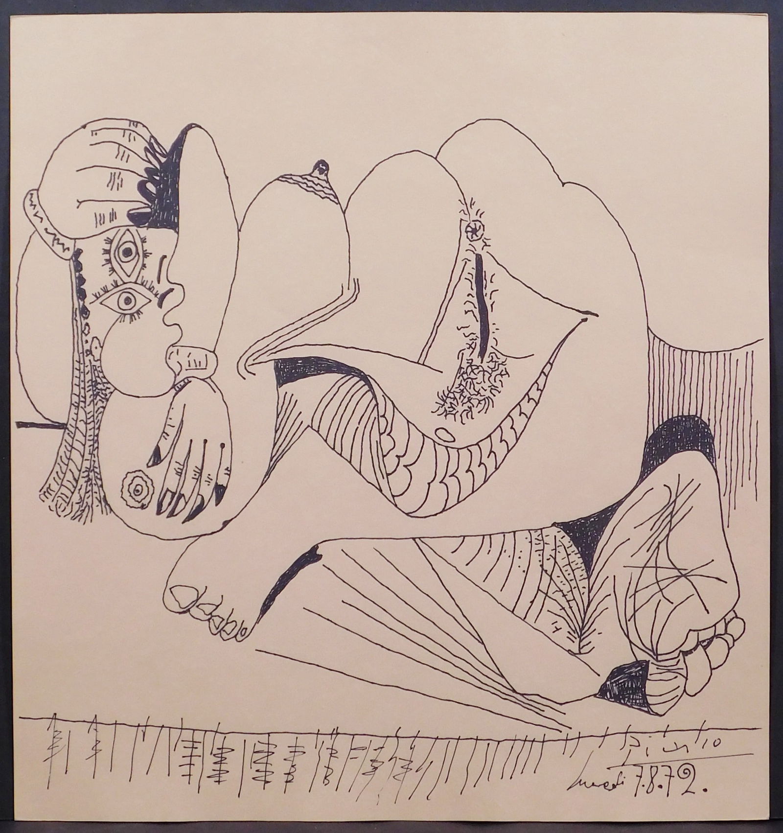 Style of Pablo Picasso: Reclining Nude Woman: Style of Pablo Picasso: Reclining Nude Woman, 7.8.72. Pen and Ink on paper, signed and dated, unframed. 31.7 x 29.6 cm; 11.75 x 12.25 inches Private collection England, Estate of Silvio Aguayo
