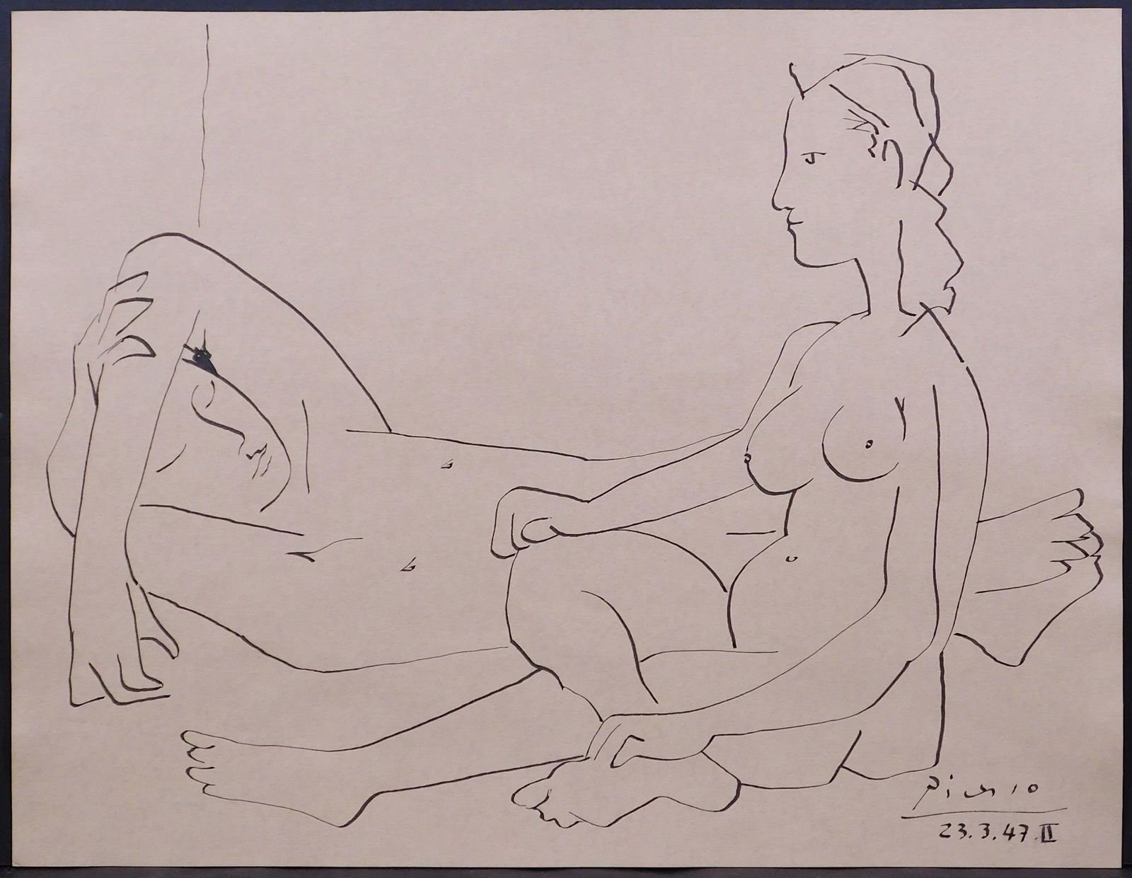 Style of Pablo Picasso: Deux Femmes Nues: Style of Pablo Picasso: Deux Femmes Nues, 23.3.47II . Pen and Ink on paper, signed and dated, unframed. 28.2 x 36.6 cm; 11.25 x 14.5 inches. Private collection England, Estate of Silvio Aguayo