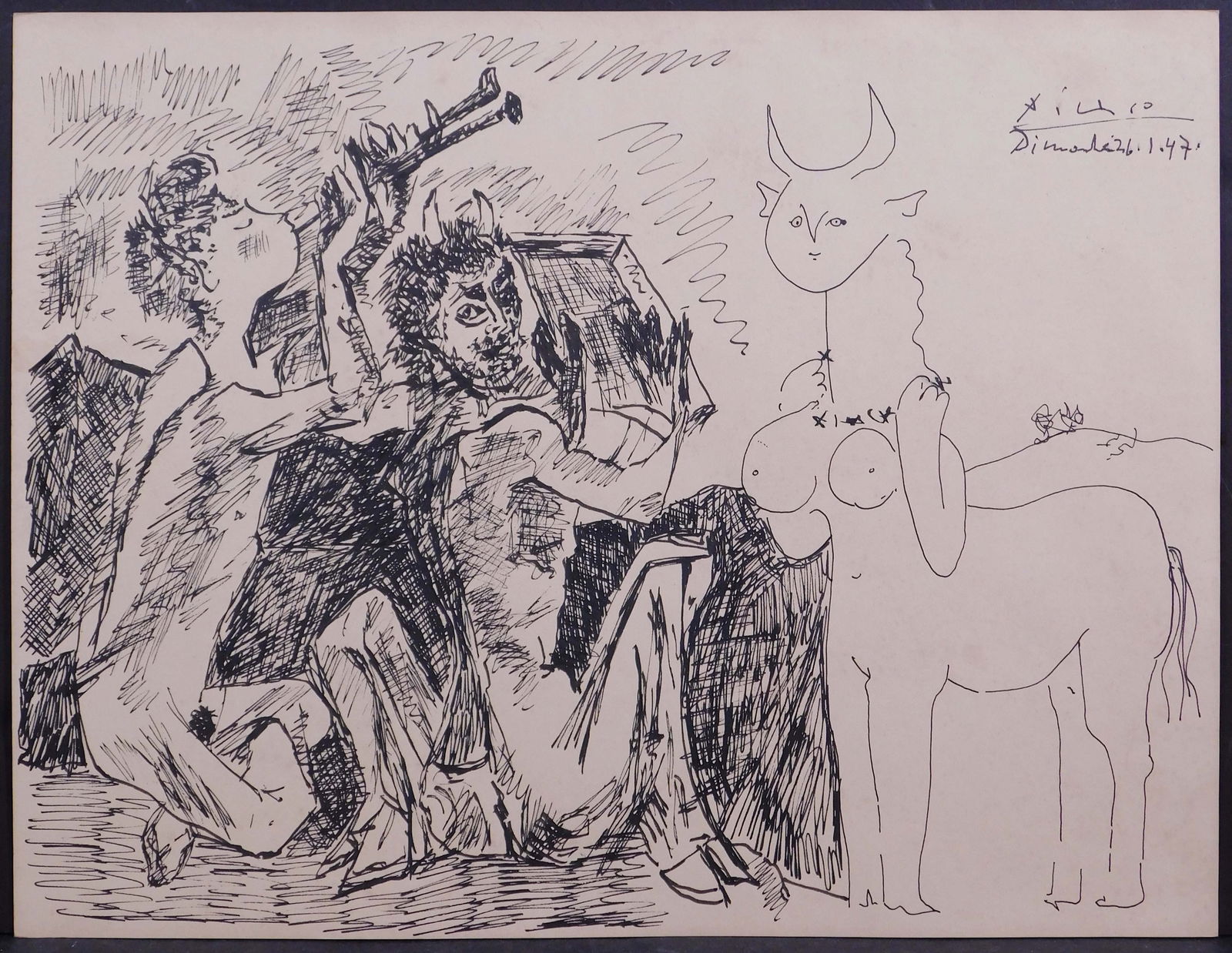 Style of Pablo Picasso: Les Faunes et la Centauresse: Style of Pablo Picasso: Les Faunes et la Centauresse 21.6.47. Hand drawn ink on paper, signed and dated, unframed. 11.25 x 14.5 inches Private collection England, Estate of Silvio Aguayo Espejo