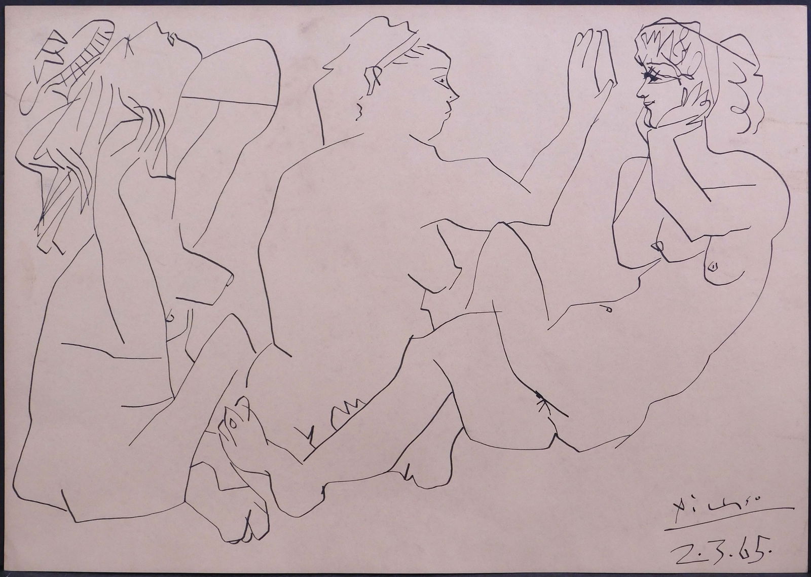 Style of Pablo Picasso: Three Nude women: Style of Pablo Picasso: Three Nude women 2.3.65. Hand drawn ink on paper, signed and dated, unframed. 9 x 12.75 inches Private collection England, Estate of Silvio Aguayo Espejo Vina del Mar Chile