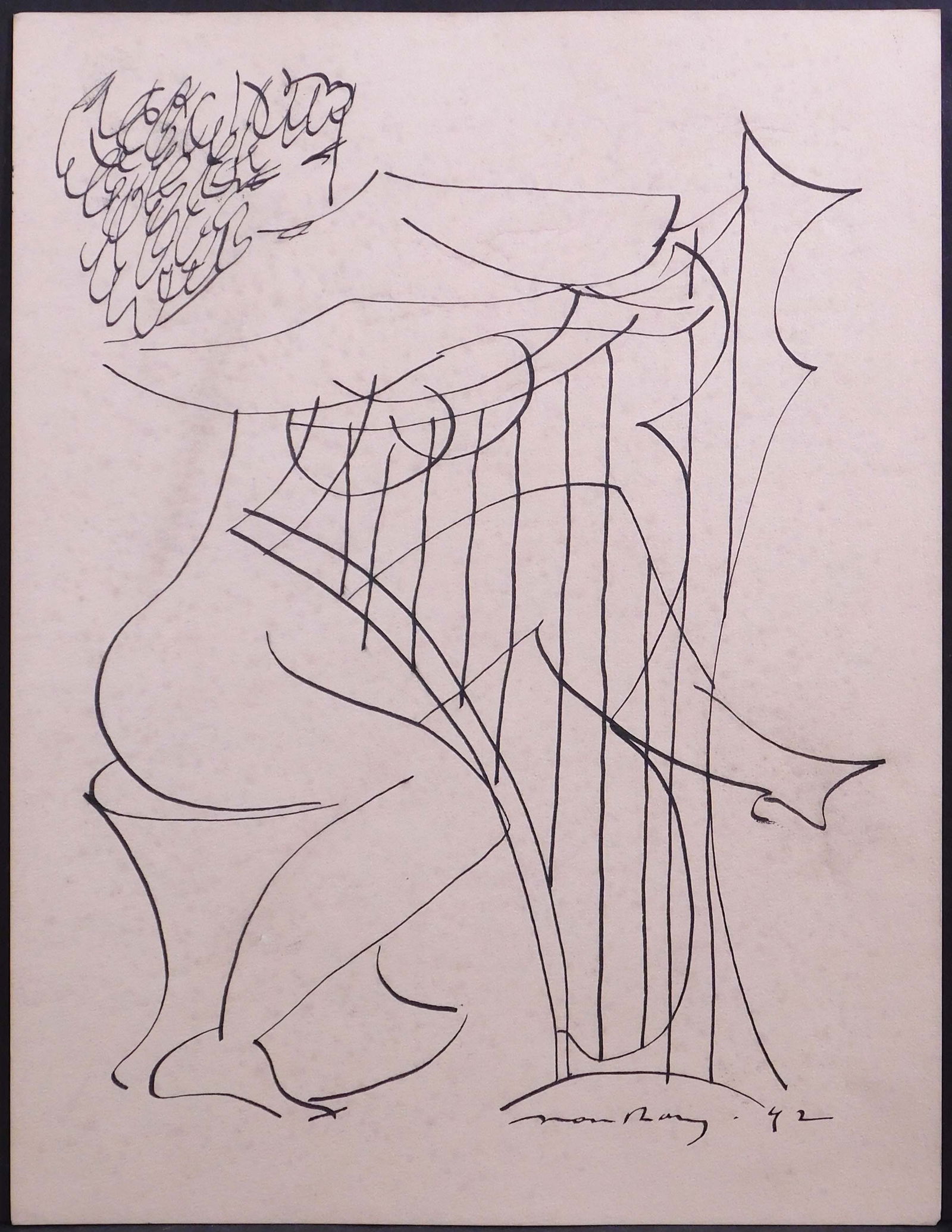 Man Ray, After: Harp Player: Man Ray (American, 1890-1976) After: Harp Player, ca 1942. Hand drawn ink on paper, signed and dated below, unframed. Although never formally associated with either movement, Man Ray was a