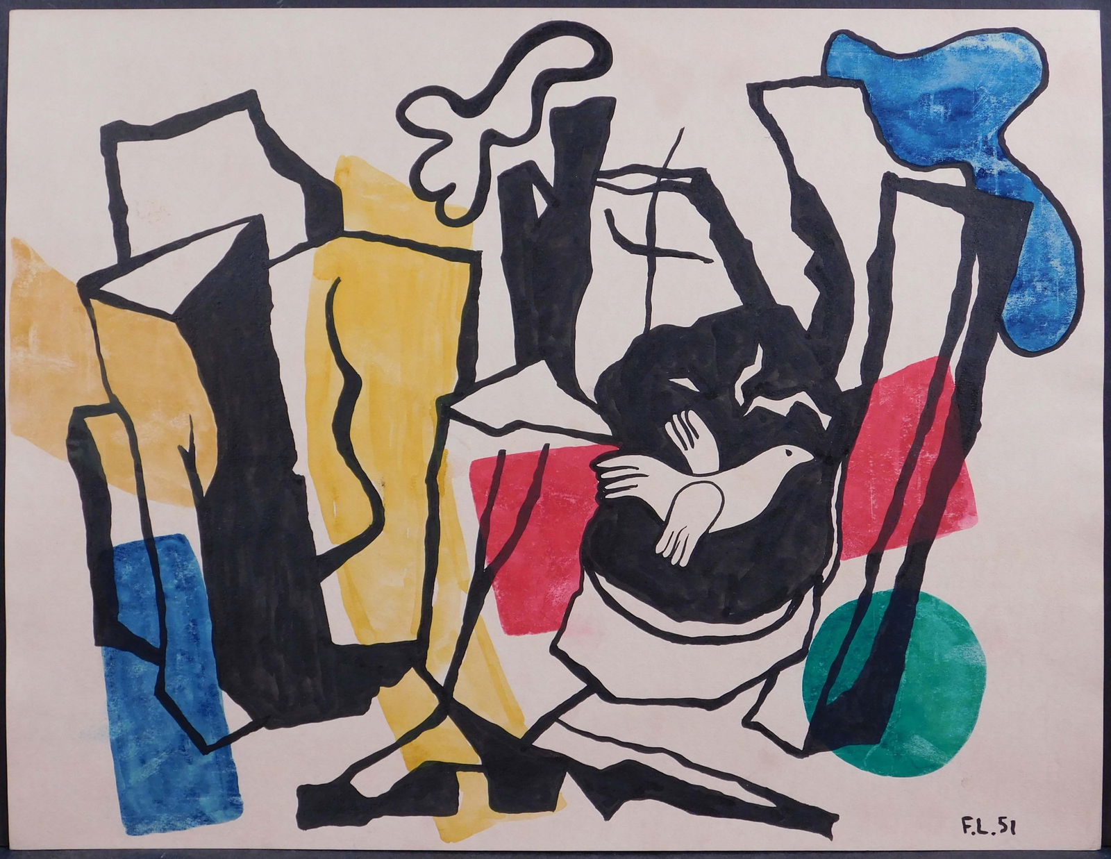 Fernand Leger, Attributed: Oiseau et troncs d'arbre: Fernand Leger (French, 1881-1955), Attributed: Oiseau et troncs d'arbre, ca 1951. Pen and ink and watercolor on paper, initialed and dated below, unframed. Joseph Fernand Henri Leger was a French