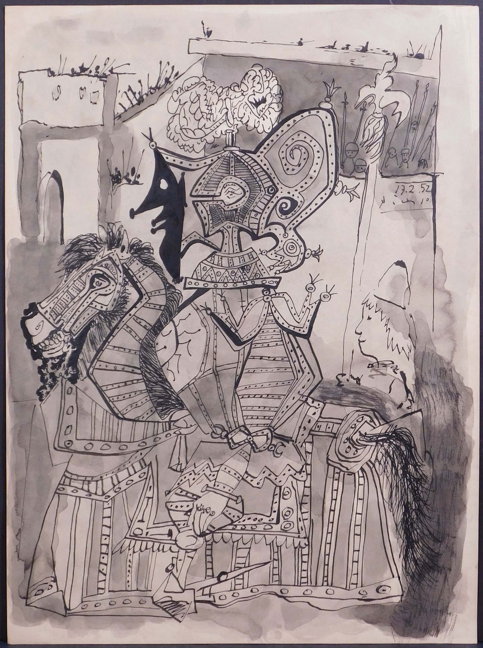 Style of Pablo Picasso: Le chevalier et les pages: Style of Pablo Picasso: Le chevalier et les pages, 17.2.52. Pen and brushed ink on paper, signed and dated, unframed. 11.25 x 14.5 inches Private collection England, Estate of Silvio Aguayo Espejo