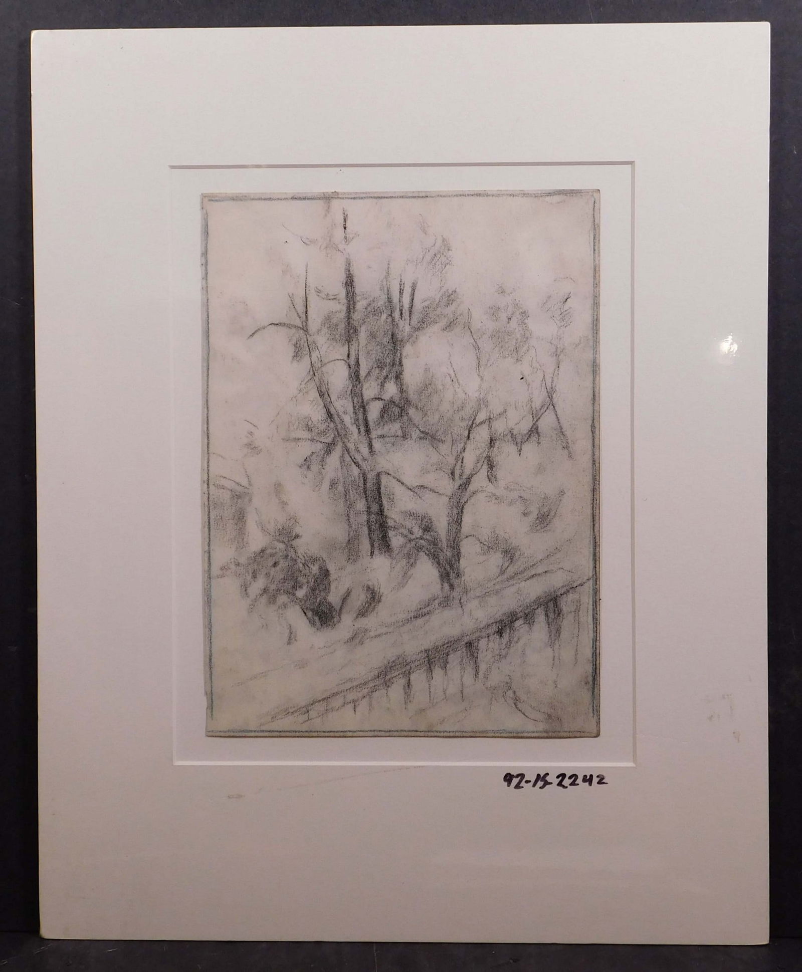 Richard H. Bassett: Snow (Milton, Massachusetts): Richard H. Bassett (American, 1900-1995): Snow (Milton). Sketch in charcoal on paper. Mounted, matted, and shrink-wrapped in cellophane. Verso is titled, approximately dated (1991-94), and stamped wit