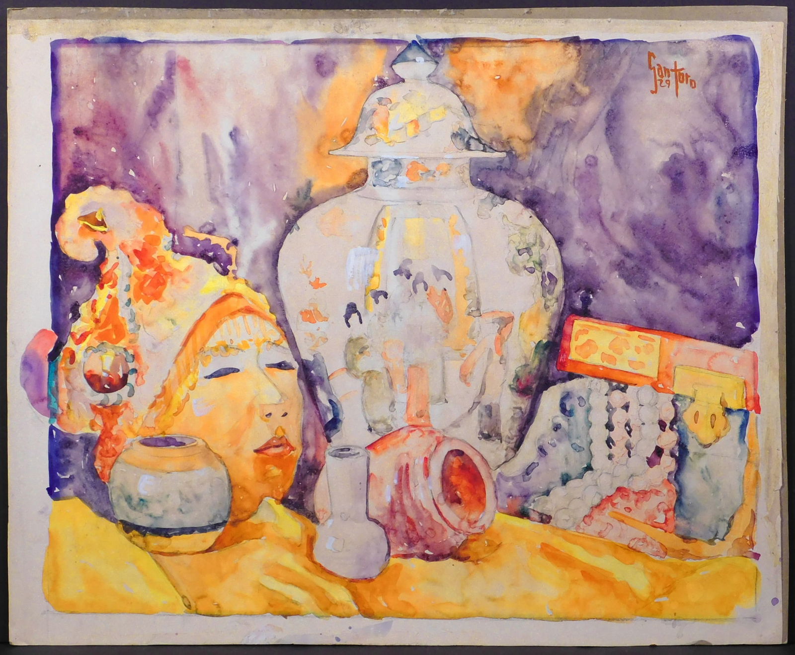 Santoro: Still Life with Asian Objects: Santoro (20th Century): Still Life with Asian Objects, 1929. Watercolor on paper, mounted to cardboard, signed and dated upper right in paint and top, center edge in pencil, unframed. 20.5 x 25