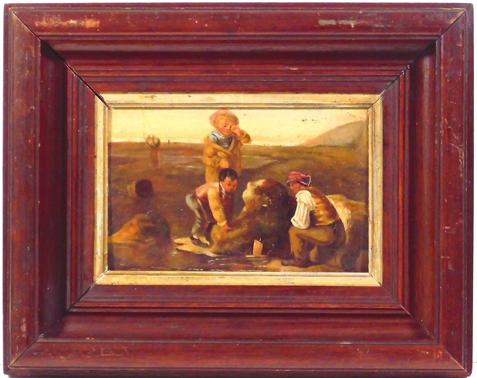 Primitive School: Boys Playing On a Beach: American School Primitive: Late 19th Century/ Early 20th. Boys Playing On a Beach. Oil on board, unsigned, framed. 10.5 x 13 inches framed; 5 x 7.75 inches board. Private collection Rhode Island.
