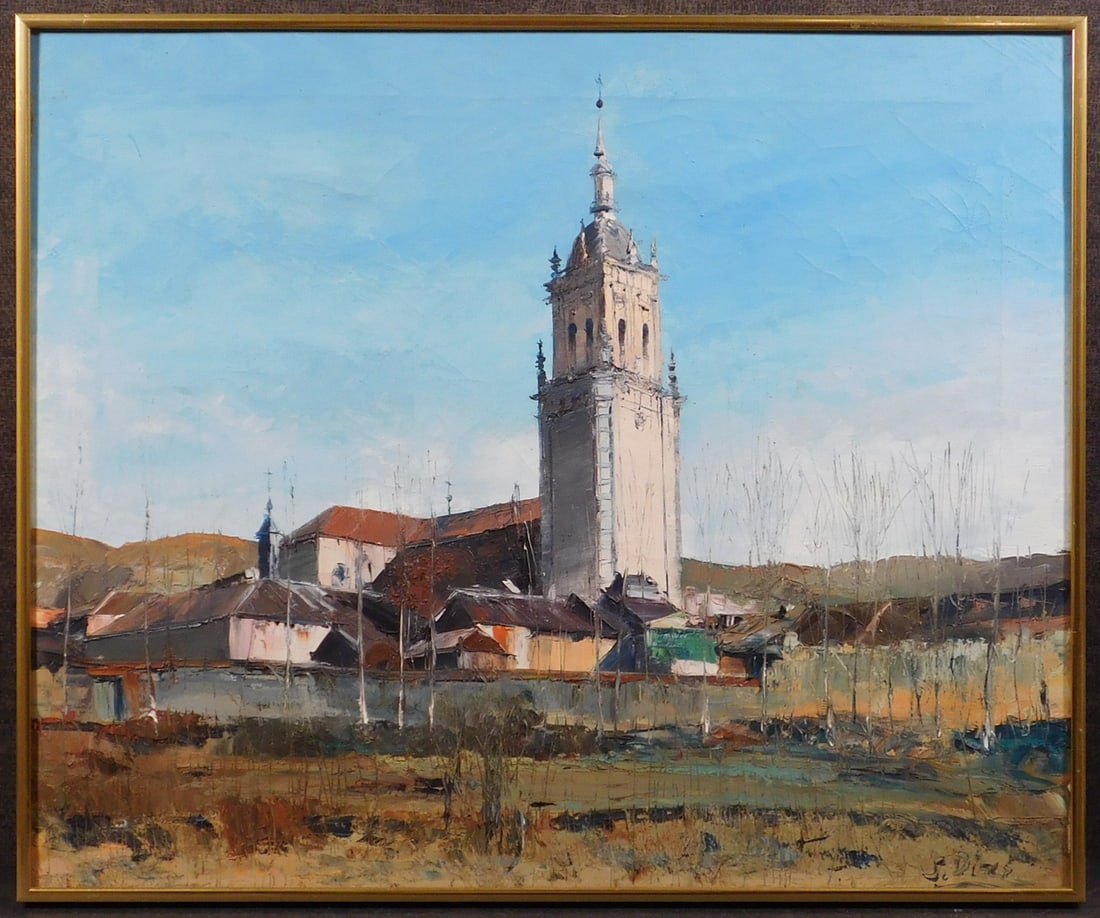 Santiago Diaz (Santos): Spanish Cathedral: Santiago Diaz (Santos) (Spanish, b. 1944): Spanish Cathedral. Oil on canvas, signed lower right, framed, titled verso. 20.25 x 24.25 inches framed; 20 x 24 inches canvas. Private collection Rhode
