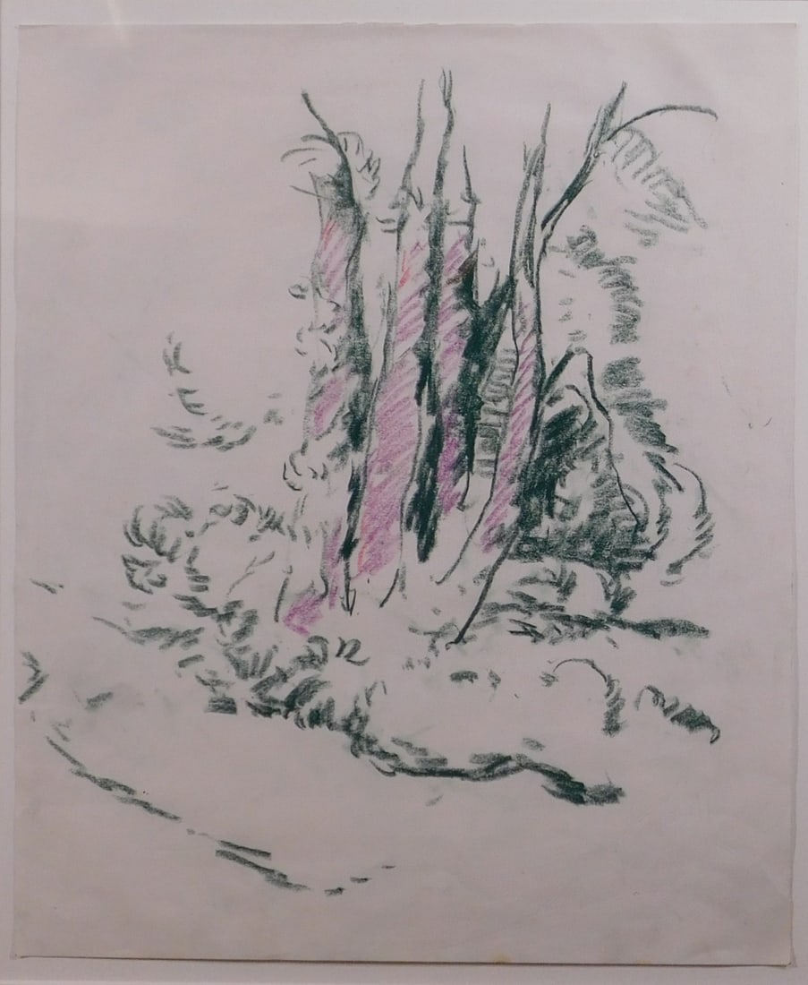 Richard H. Bassett: Tree Study #4 Pattern: Richard H. Bassett (American, 1900-1995): Tree Study #4 Pattern. Sketch in oil pastel and charcoal on paper. Mounted, matted, and shrink-wrapped in cellophane. Verso is titled and stamped with the art