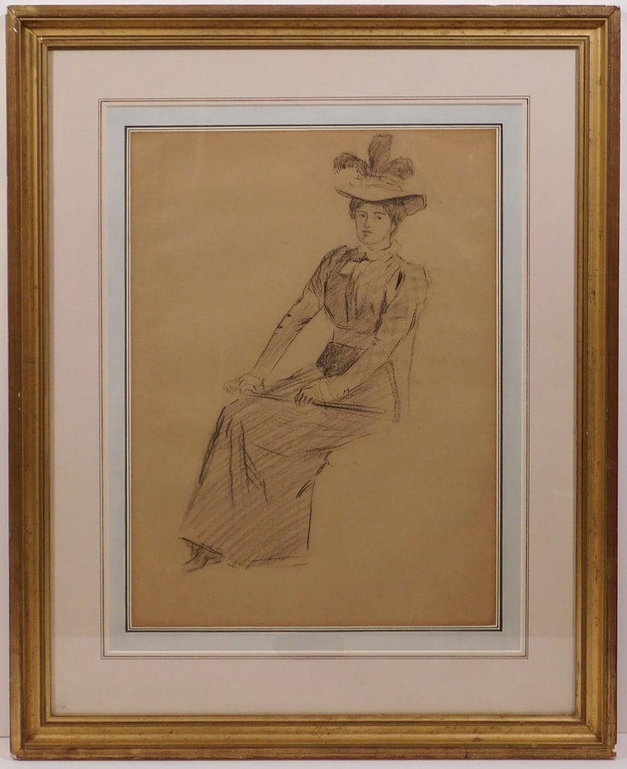 William J. Urquhart: Woman Sitting: William J. Urquhart (British, 1970-1905): Woman Sitting. Pencil on paper, label with artist' information verso, framed. 24 x 19 inches framed; 16 x 11.5 inches paper. Private collection Rhode Island.