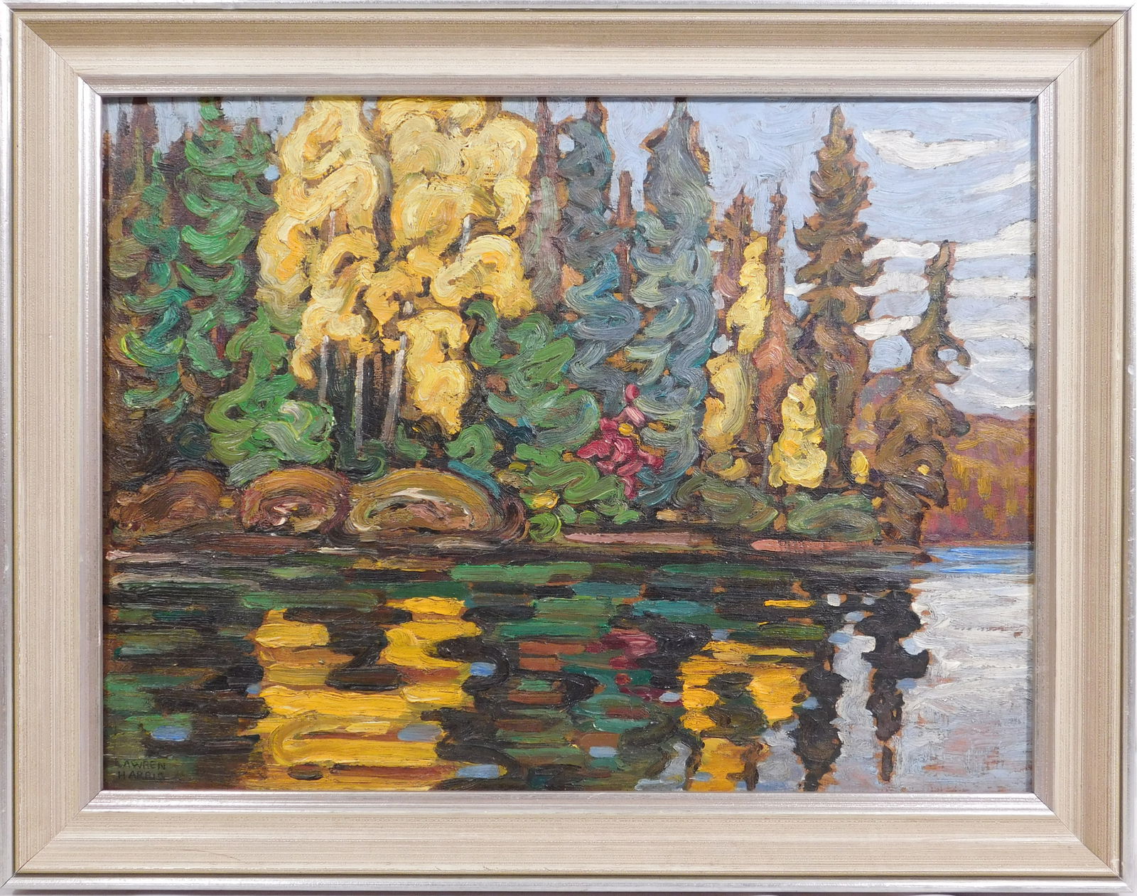 Lawren Harris Attributed: Algonquin Sketch: Lawren Harris (Canadian, 1885-1970) Attributed: Algonquin Sketch. Oil on wood panel. Signed lower left and also signed and titled on the back of the wooden panel. Framed. Lawren Stewart Harris CC was