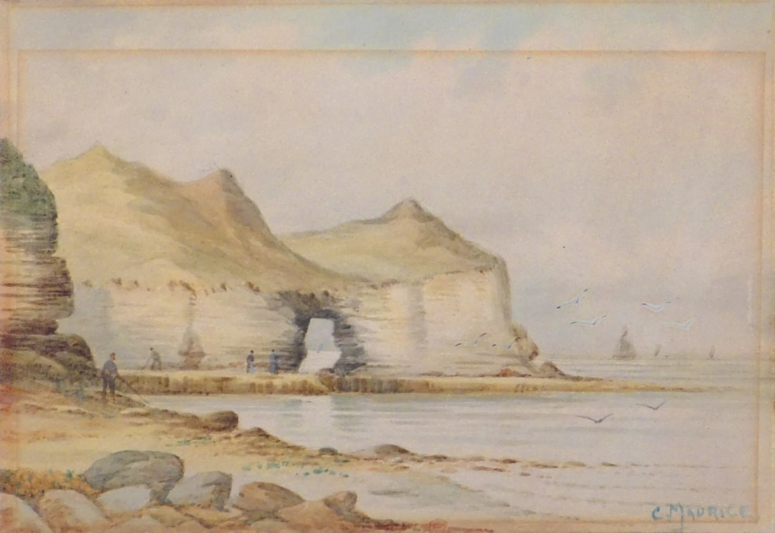 Claude Maurice: Cove: Claude Maurice (20th Century): Cove, 1984. Watercolor on paper mounted to cardboard, signed lower right, unframed, illegible notes written on carboard in pencil below. 11 x 15 inches card board; 8 x