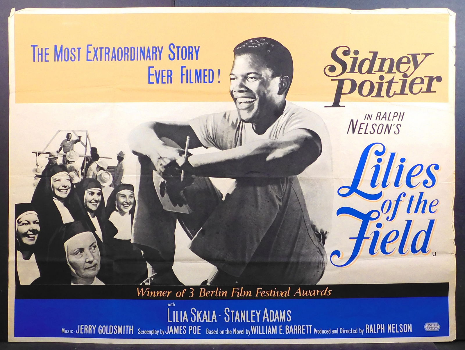Lilies of the Field Poster: Lilies of the Field Poster. Vintage poster special edition after winning three Berlin Film Festival Awards, unframed, text with title in pen verso. 30 x 40 inches poster. Private collection, Boston.