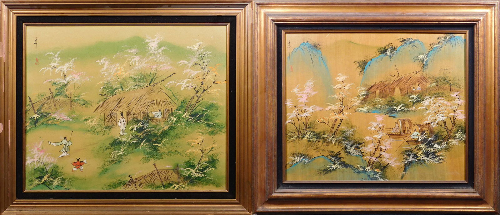 Pair of Asian Landscapes (Fisherman and a Country Home): Pair of Asian Landscapes (Fisherman and a Country Home). Acrylic on canvas, both are signed upper left, framed. Fishermen: 28 x 32 inches framed; 20 x 24 inches canvas. Country Home: 25 x 29 inches