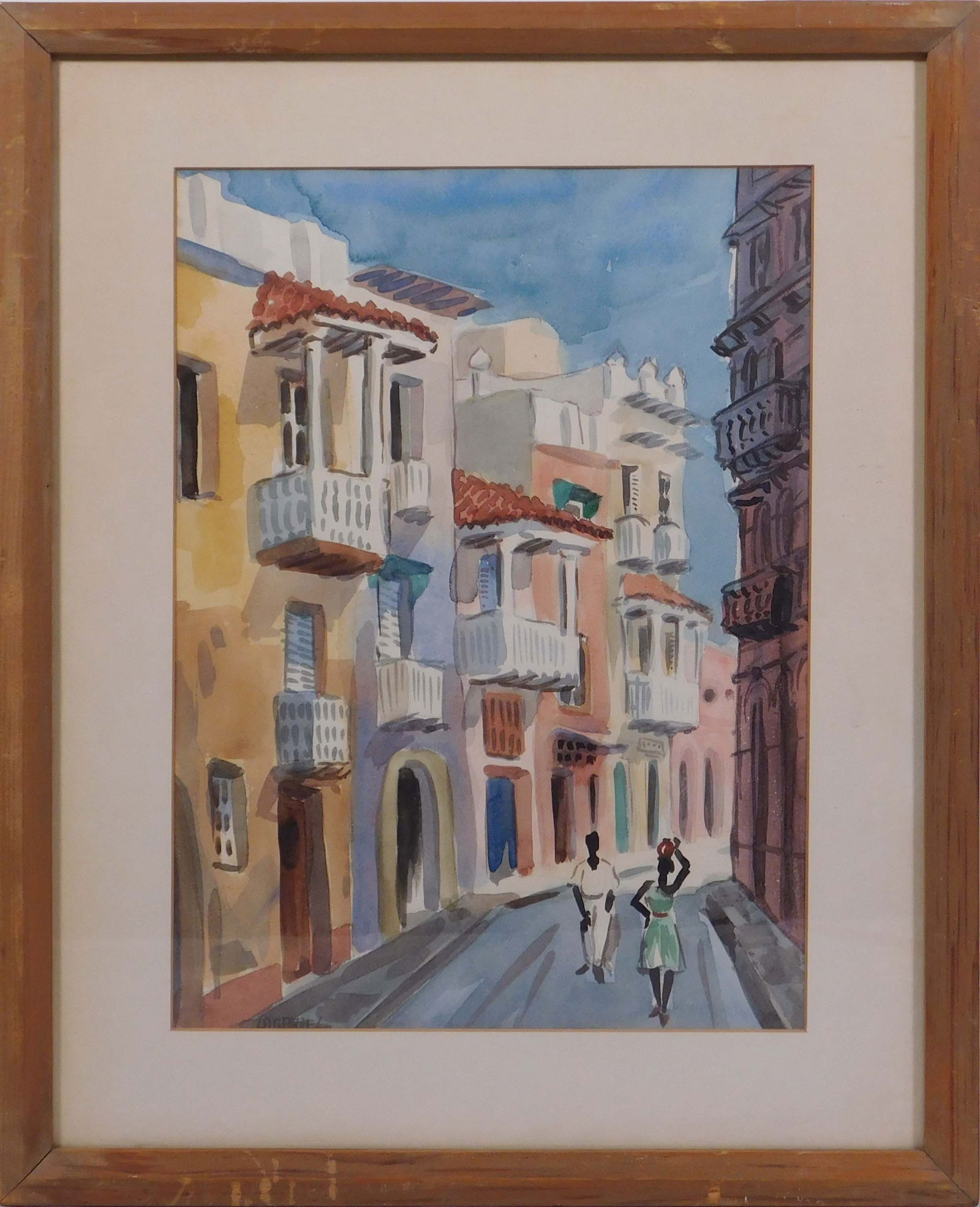 Christian Lagarde: Watercolor: Christian Lagarde (20th Century): South American Town. Watercolor on paper, framed. 10x14 sight; 19.75x15.75 inches framed