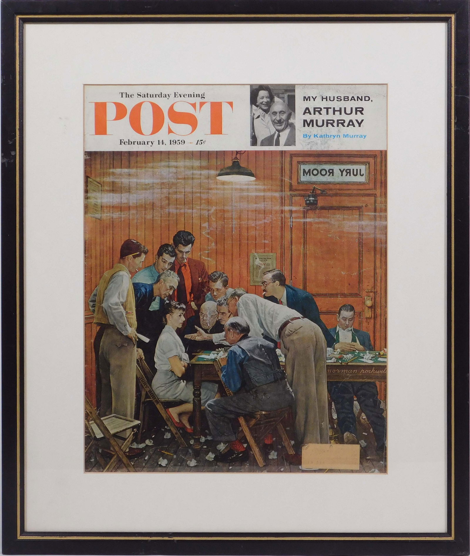 Norman Rockwell: The Saturday Evening Post 2/14/1959 (Jury Room): Norman Rockwell (American, 1894-1978): The Saturday Evening Post 2/14/1959 (Jury Room). Offset lithograph reprodition, framed. Norman Percevel Rockwell was an American painter and illustrator. His