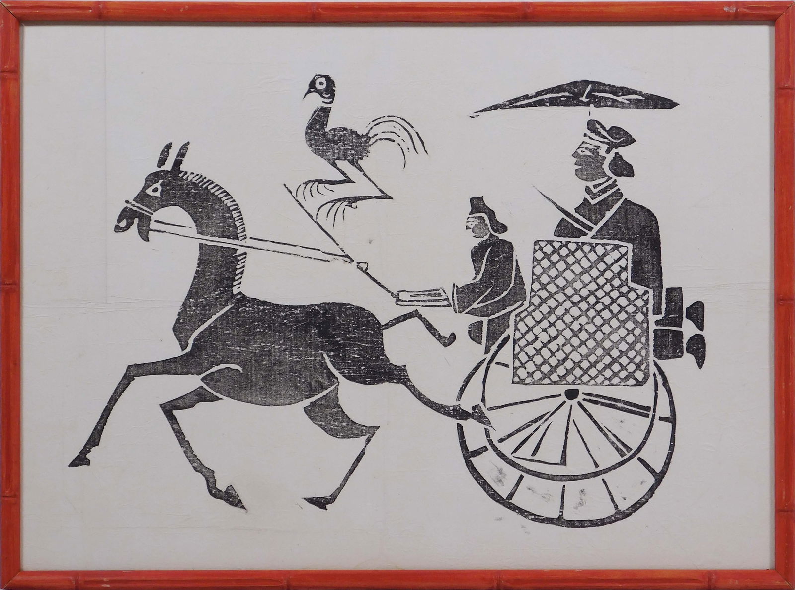 Horse Drawn Rickshaw: Chinese rubbing print, Horse and Rickshaw. Ink on japon paper pressed to board. 13x18 paper; 15.5x21.5 inches framed