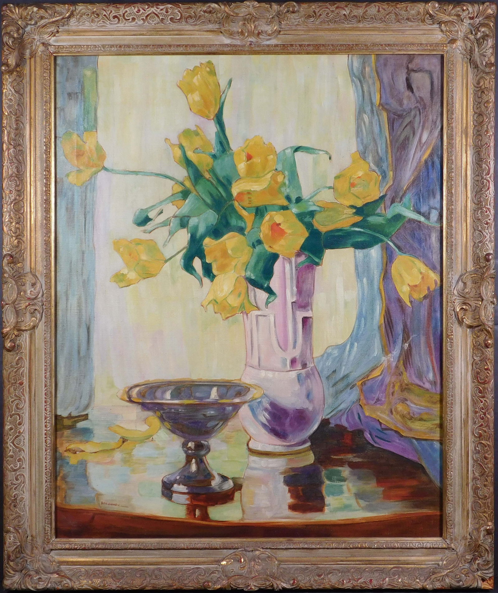 Hathaway: Yellow Tulips in Vase: After Anna Sophie Gasteiger (1878 - 1954). Hathaway: Yellow Tilips in Vase. Oil on canvas, signed lower left. 31x25 35 x 29.5 inches framed