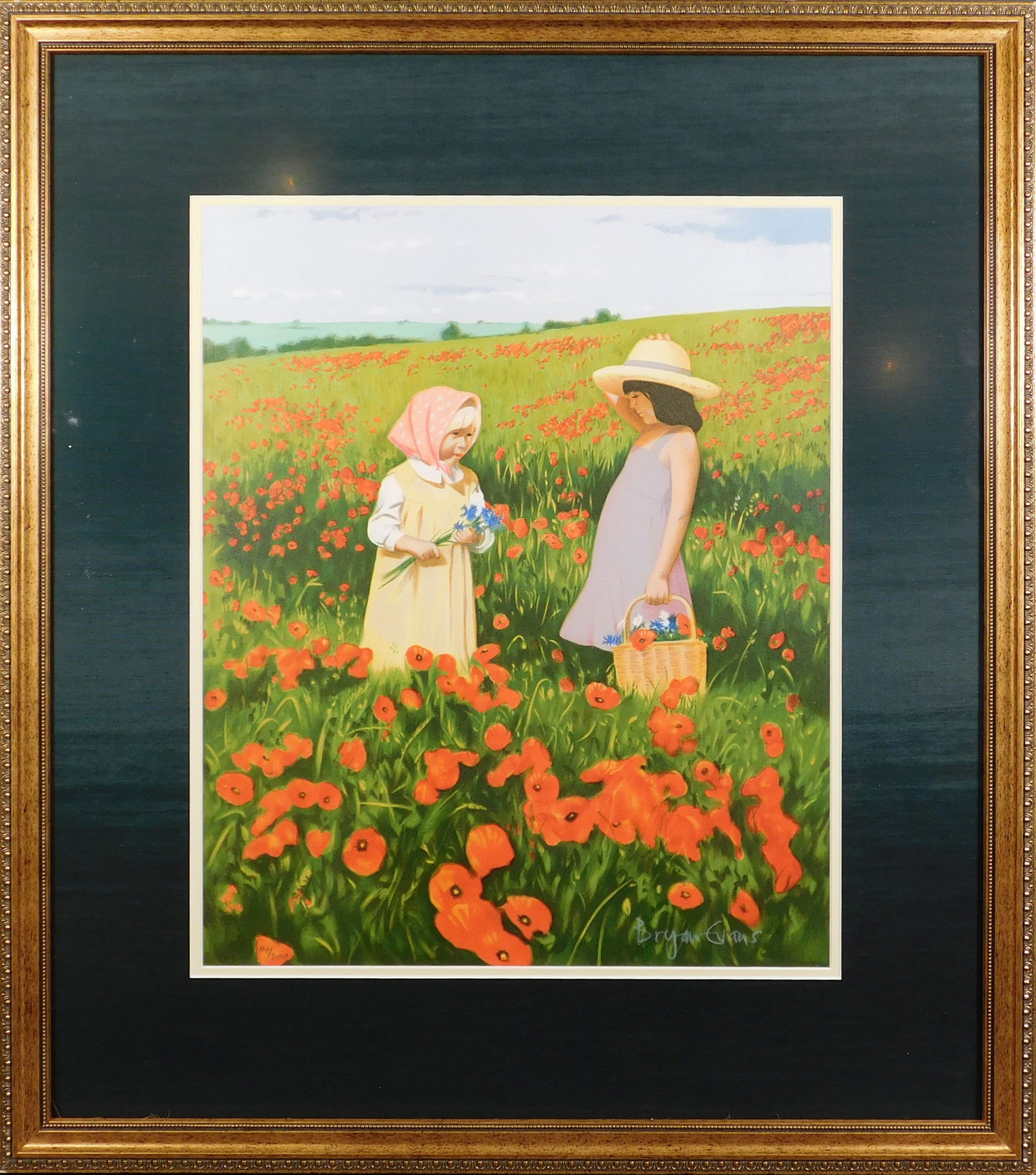 Bryan Evans: Girls in Poppy Field: Bryan Evans (20th Century): Girls in Poppy Field. Serigraph on paper, signed and numbered 114/300 below. This Item is accompanied by a COA. 31 x 27 frame; 20 x 16.5 inches sight. Purchased in 2004
