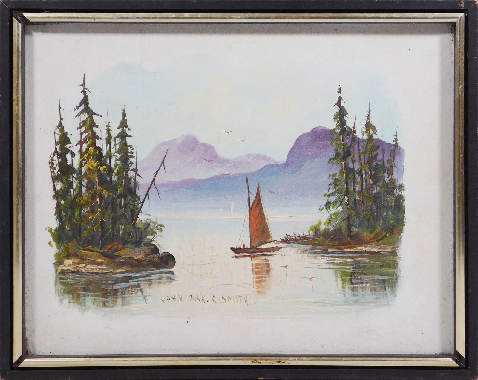 John Baker Smith: Sail Boat in a New England Bay: John Baker Smith (20the Century): Sail Boat in a New England Bay. Oil on canvas, signed below, framed. 12 x15 inches framed; 11 x 13 sight. Private collection, Madison, Wisconsin, USA.