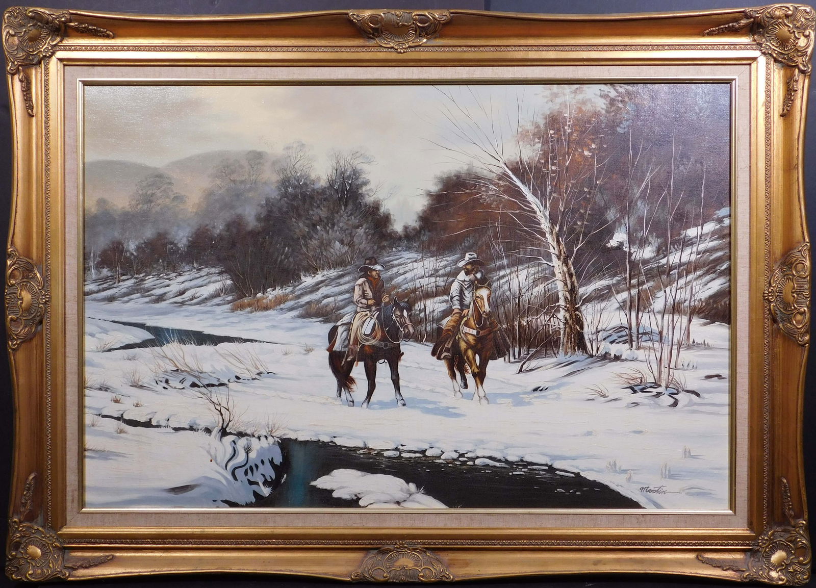 Martin : Cold River: Martin (American, 20th Century): Cold River. Oil on canvas signed lower right, framed. 31.25 x 43 framed; 24 x 36 inches framed.