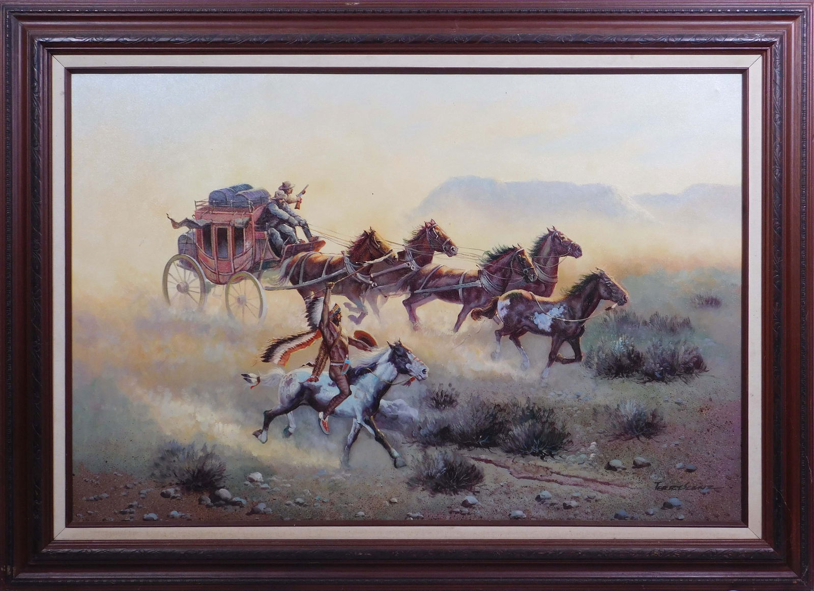 Terry Slenz: Stage Coach Chase: Terry Slenz (American, 20th century): Stage Coach Chase. Oil on canvas, signed lower right, framed. 31.25 x 43 framed; 24 x 36 inches framed. Private collection, Florida, USA; 2022, Private Estate,