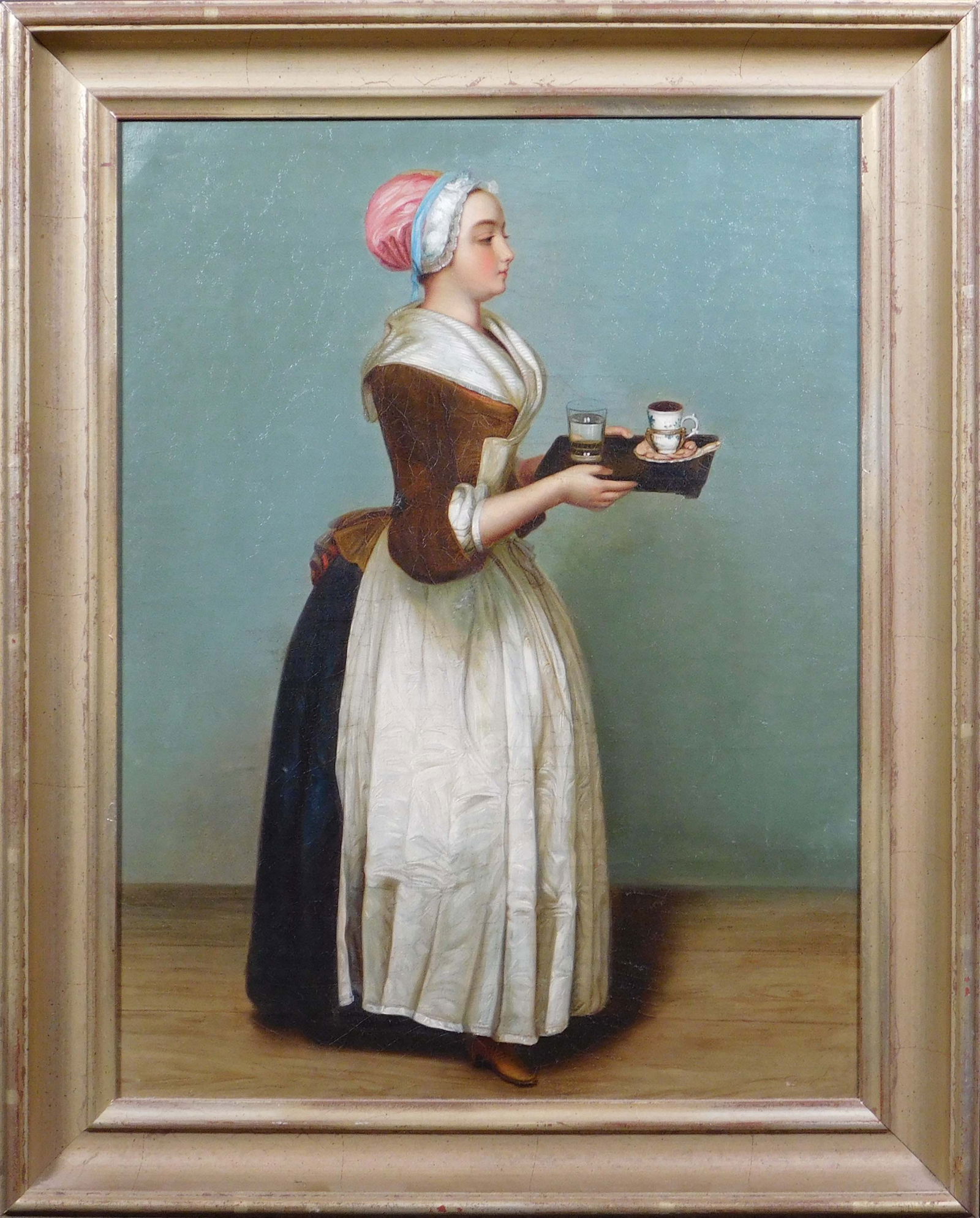 The Chocolate Girl (Baker's Chocolate): The Chocolate Girl: After Jean-Etienne Liotard. Oil on canvas mounted to board, framed. The painting is accompanied by an advertisement from Walter Baker and Co., Ltd.. A fresh-faced chamber maid