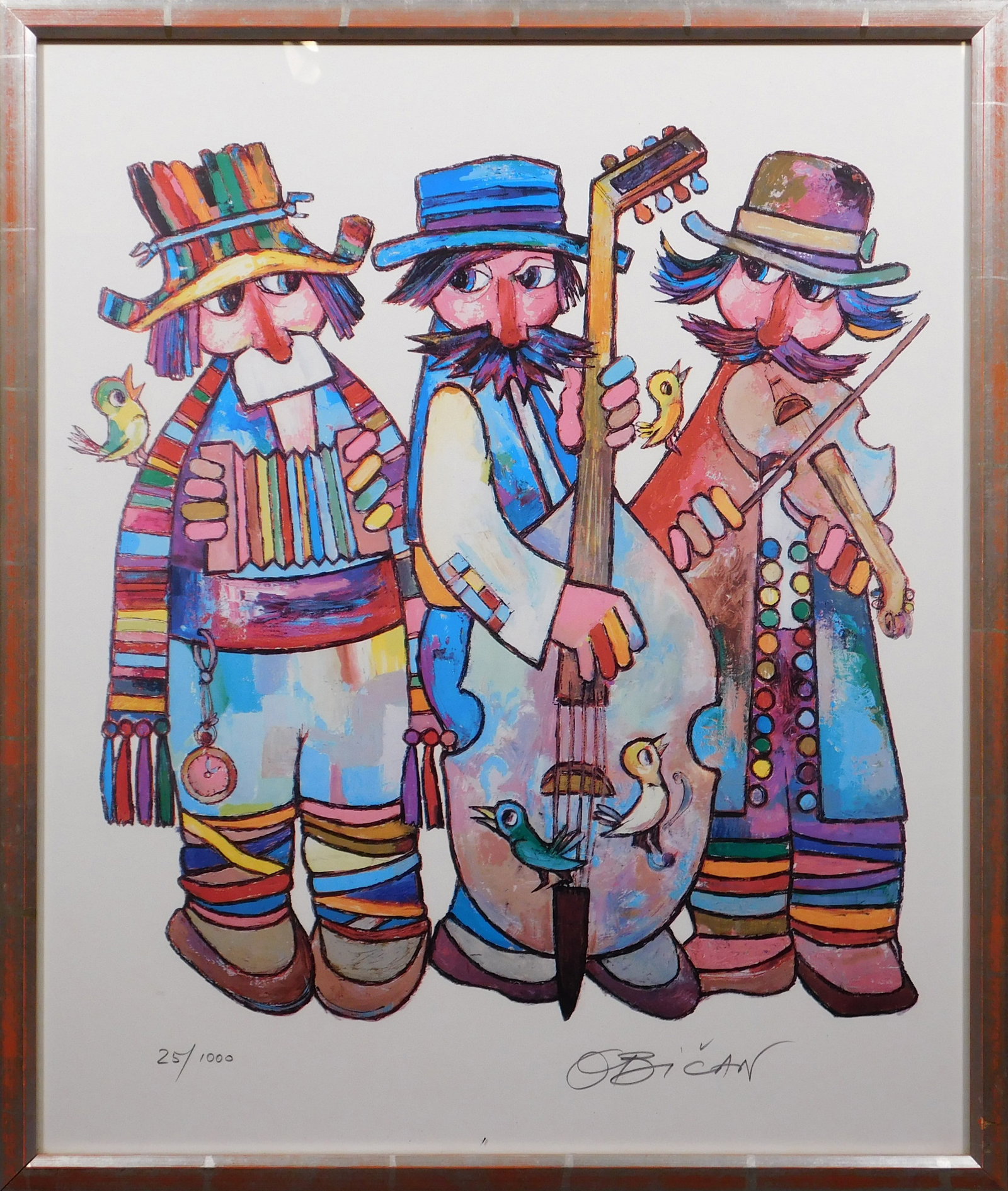 Jovan Obican: Three Musicians: Jovan Obican (French, 1918-1986): Three Musicians. Giclee reproduction, signed and numbered (25/1000) in pencil by the artist. Jovan Obican was a French painter and lithographer best known for his dep