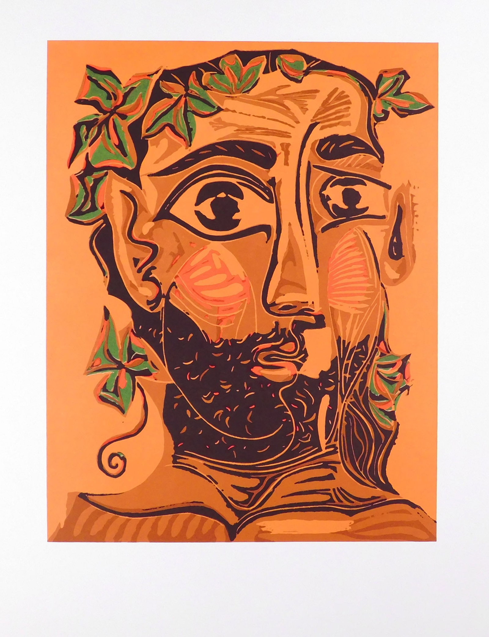 Pablo Picasso: Bearded Man with Crown of Leaves: Pablo Picasso (Spanish, 1881-1973): Bearded Man with Crown of Leaves. Offset lithograph on paper, unsigned, unframed, with custom mat, printed by Trenton Inc, NYC after a series of Linocuts by Picasso