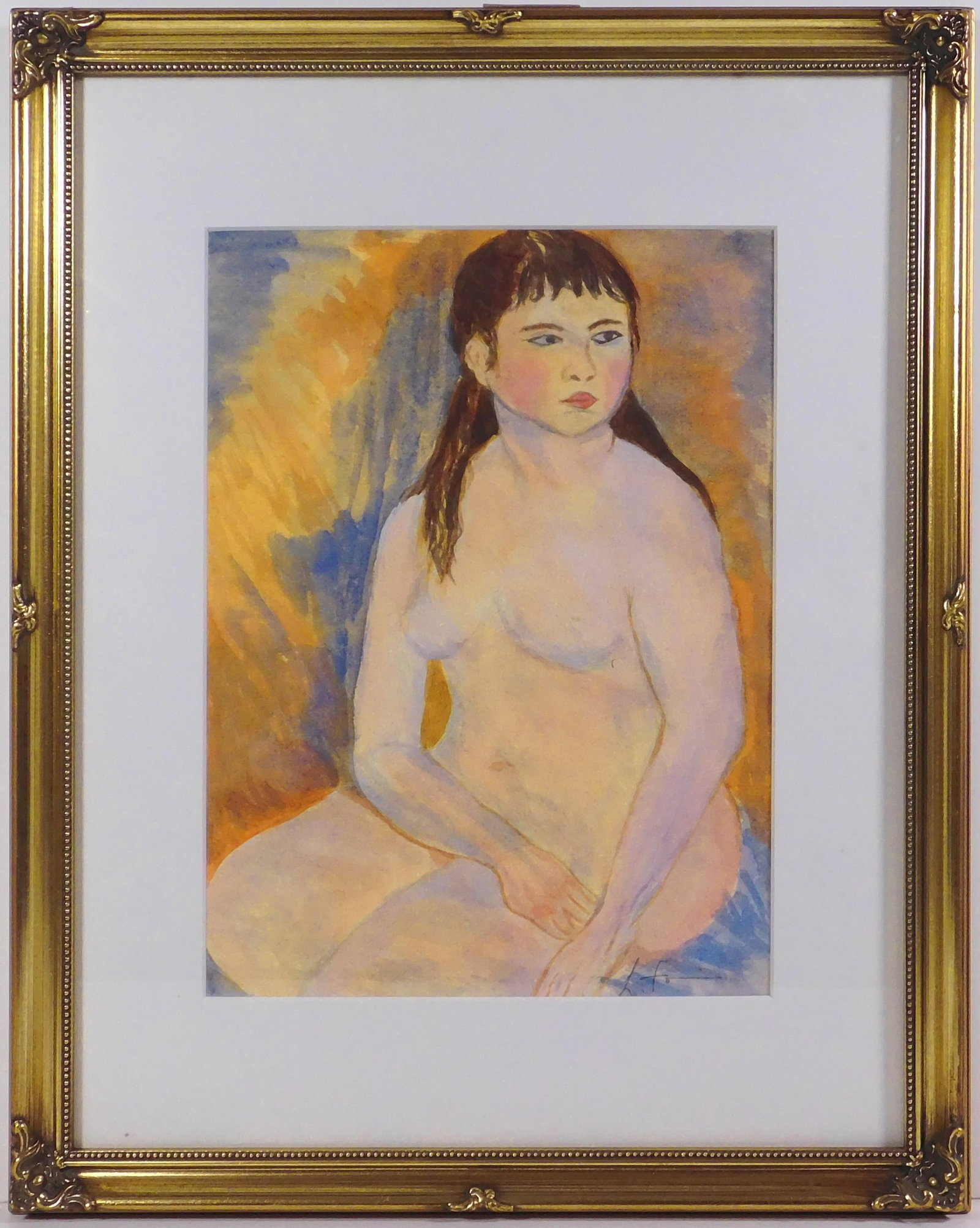 Leonard Tsuguharu Foujita, Attributed: Femme Assise: Tsuguharu (Leonard) Fujita (1886-1968), Attributed: Femme Assise. Watercolor on cold pressed paper, signed in pencil lower right, framed, "6" in pencil verso. 21.75 x 17.5 inches framed; 14.25 x 10.75