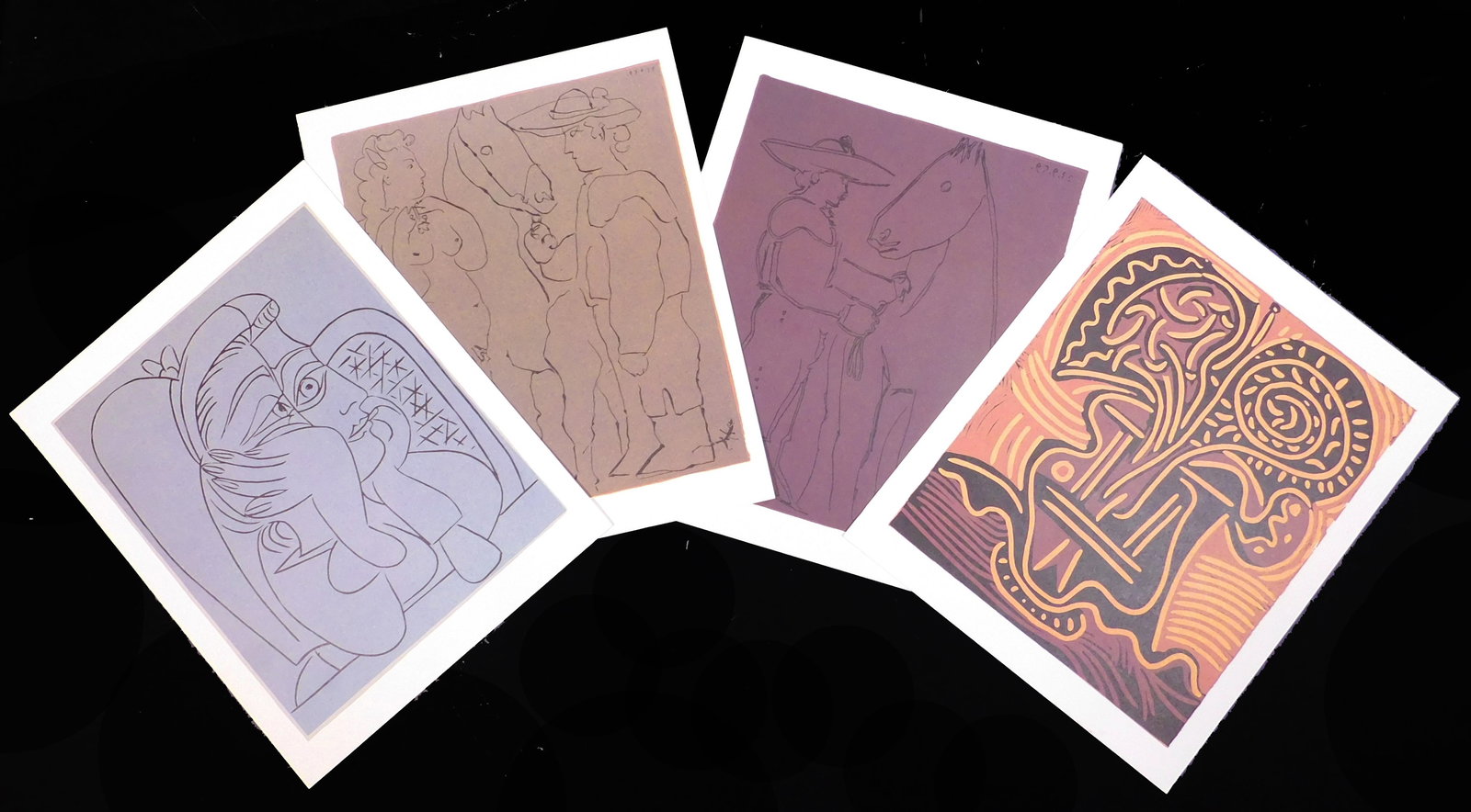 Pablo Picasso: Four Prints: Pablo Picasso (Spanish, 1881-1973): Four Prints. Giclee prints on heavy paper, unframed. 12.5 x 10.25 inches paper of each print. Collection of a California Gentleman. Excellent condition; surface gri
