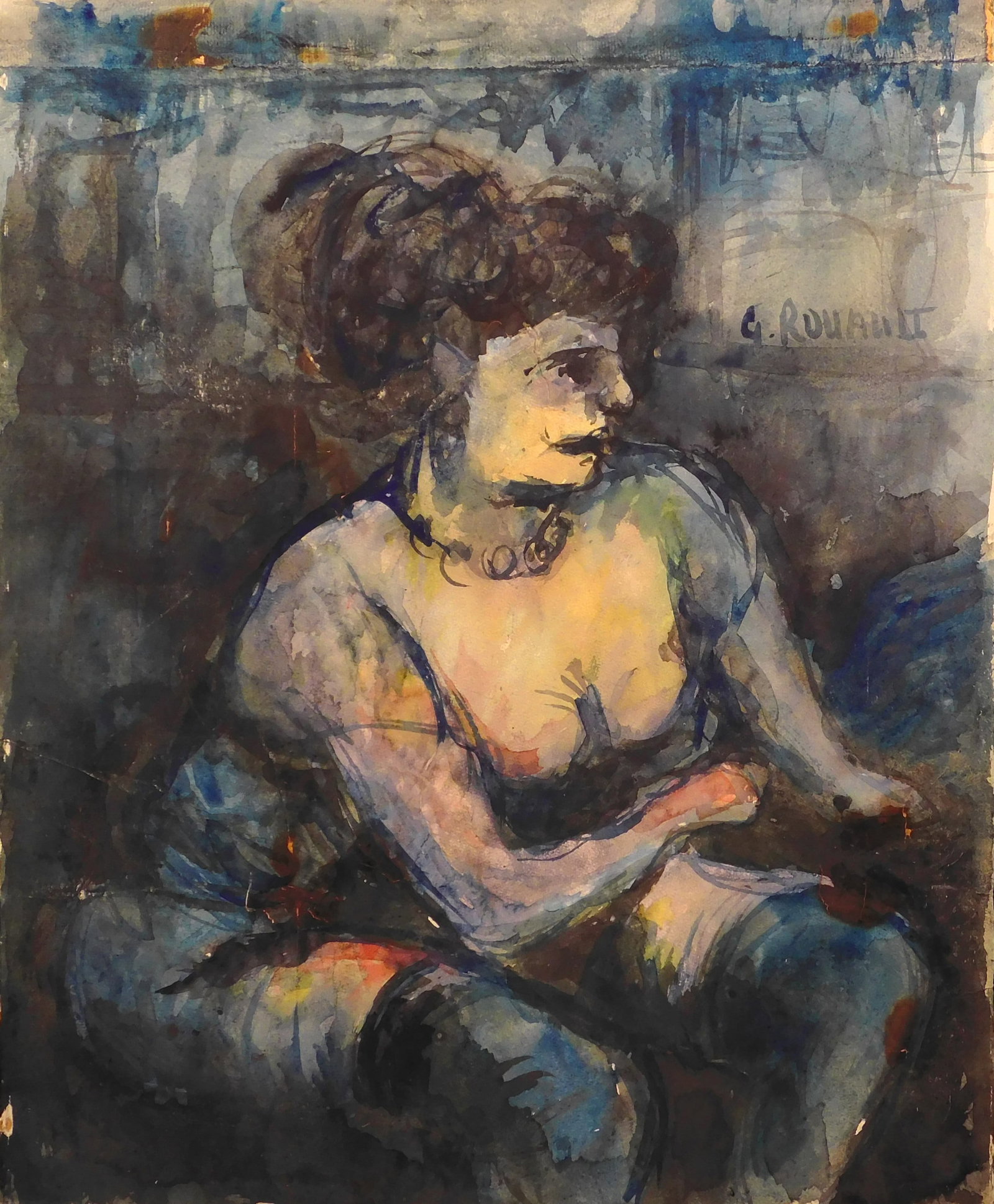 Georges Rouault, Attributed: Portrait du Femme: Georges Rouault (French, 1871-1958) Attributed: Portrait du Femme. Gouache on paper mounted to cardboard, signed upper right, unframed. This painting is accompanied by a document of provenance from a