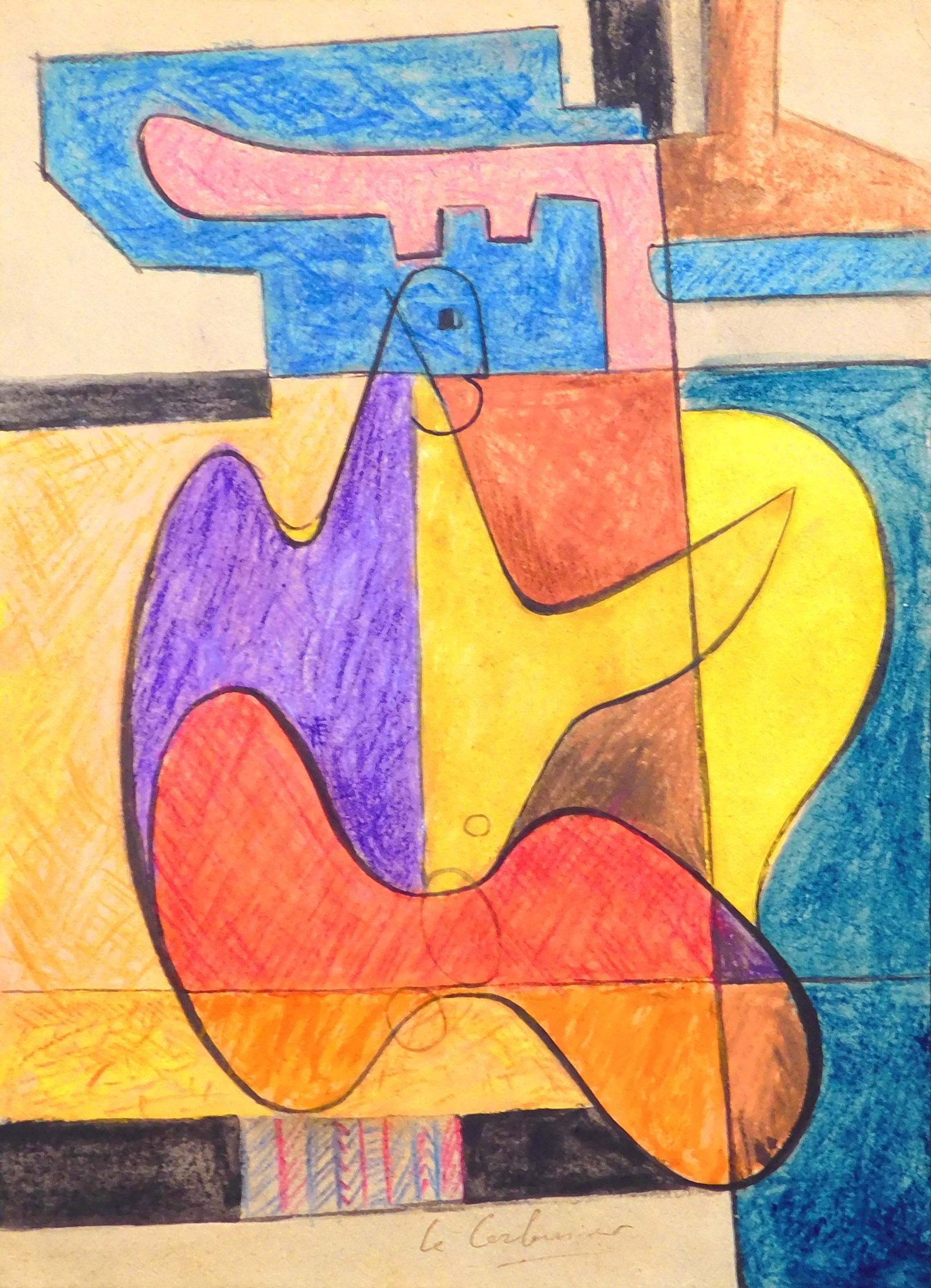 Le Corbusier, Attributed: Cubist Composition: Le Corbusier (Swiss / French, 1887-1965) Attributed: Cubist Composition. Watercolor and crayon on paper, signed in ink below, verso is stamped "Forestal Collection" Nice (France). Unframed. This drawi
