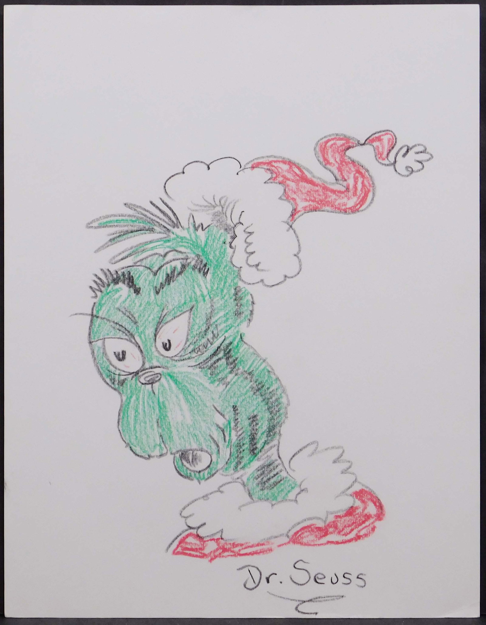 Dr. Seuss, Manner of: The Grinch: Dr. Seuss (American, 1904-1991) Manner of: The Grinch. Crayon on paper signed below, unframed. Theodor Seuss Geisel was an American children's author and cartoonist. He is known for his work writing a
