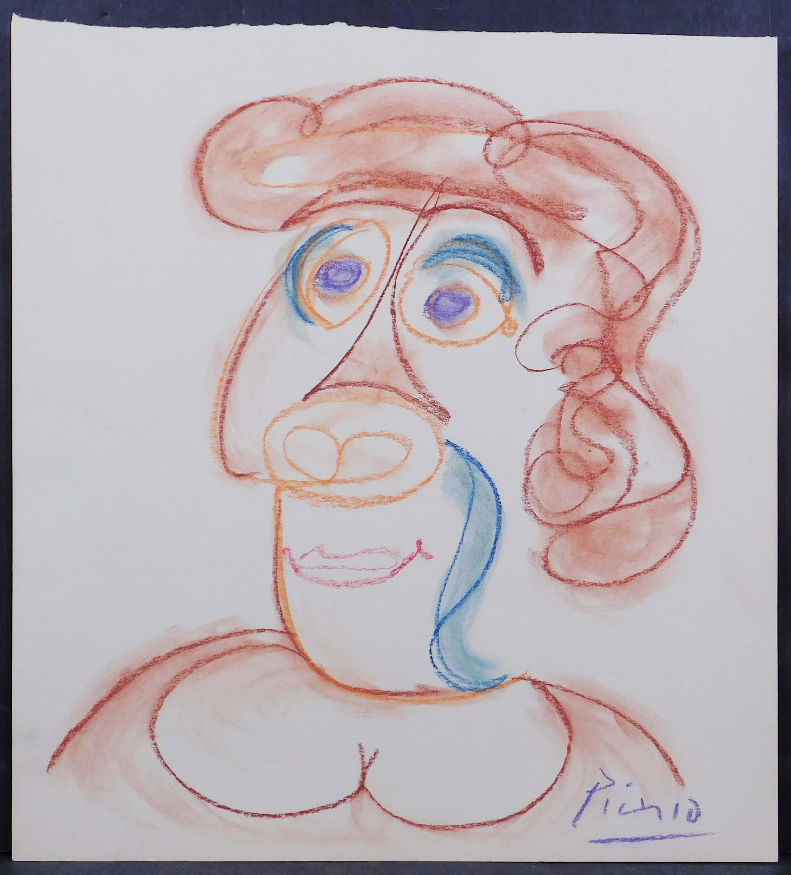 Style of Pablo Picasso: Portrait du Femme: Style of Pablo Picasso (Spanish, 1881-1973): Portrait du Femme. Oil crayon and oil wash on paper, signed in crayon lower right, unframed. 11.75 x 10.5 inches paper. Private collection, USA. Very good