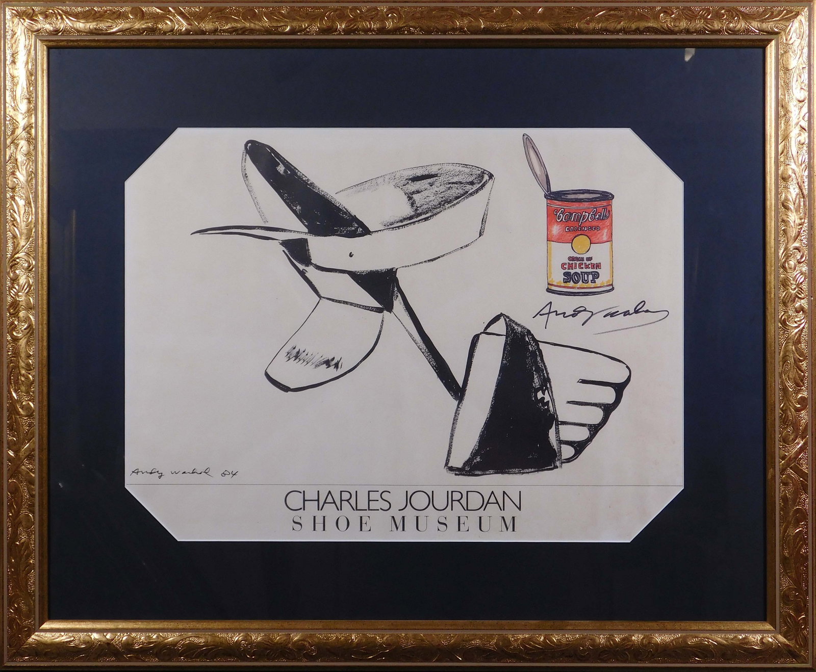 Andy Warhol, Attributed: Signed Exhibition Poster: Andy Warhol (American, 1928-1987) Attributed: Signed Exhibition Poster. Exhibition poster from Charles Jordan Shoe Museum with a hand-drawn sketch of a soup can, signed in marker mid-right. Profession