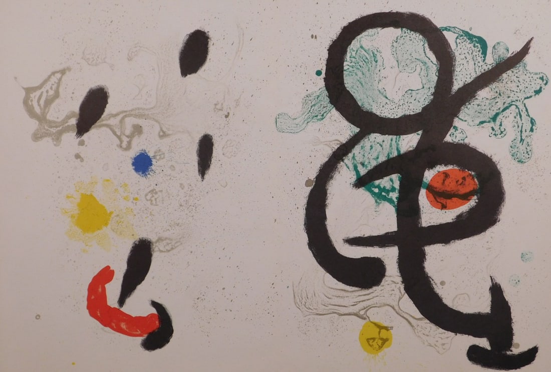 Joan Miro: Barbaric Dance II: Joan Miro (Spanish, 1893-1983): Barbaric Dance II, stone lithograph, 1963, double page spread, printed by Mourlot, unsigned, unframed. Joan Miro was a painter, sculptor, and ceramicist born in