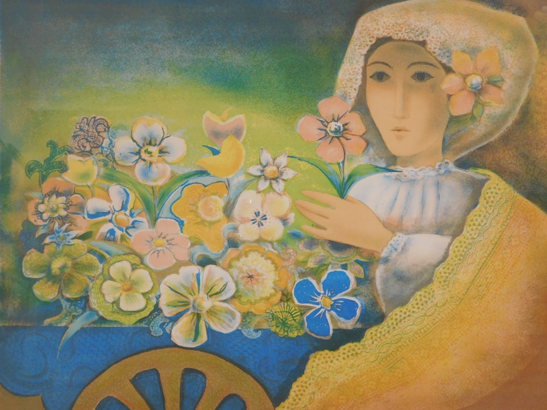 Torres: The Flower Seller: Torres: The Flower Seller, lithograph, signed bottom right, numbered 215/375 bottom left, framed. 16 3/4 x 21 3/4" paper, 21 3/4 x 27" frame Aged condition. Overall fading. NOTE: If documentation is n