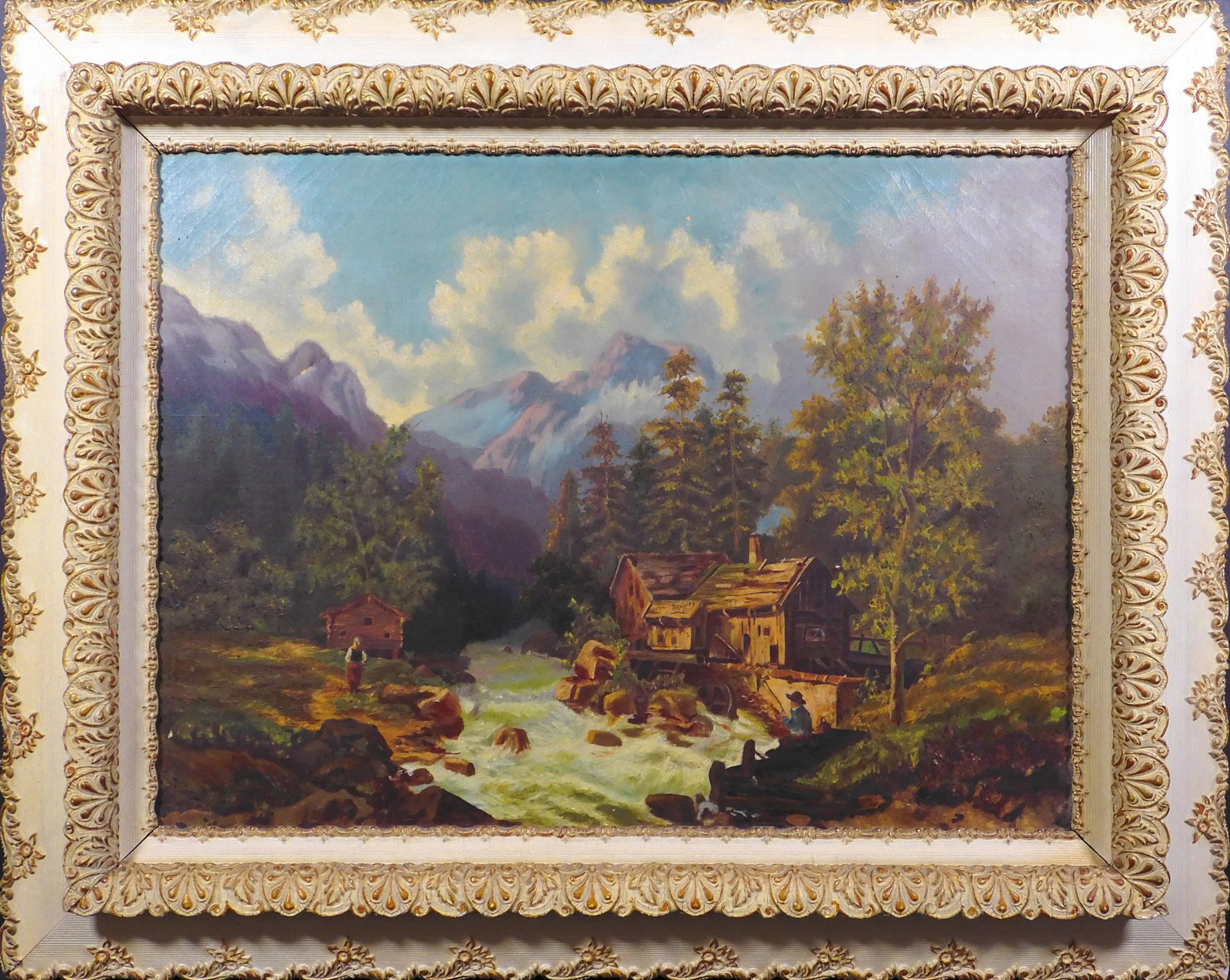 Fishing by a Mill: Fishing by a Mill. American, Unsigned, 20th Century. Oil on canvas, framed. The towering mountains in the background add a sense of grandeur and awe, underscoring the beauty of the scene. This