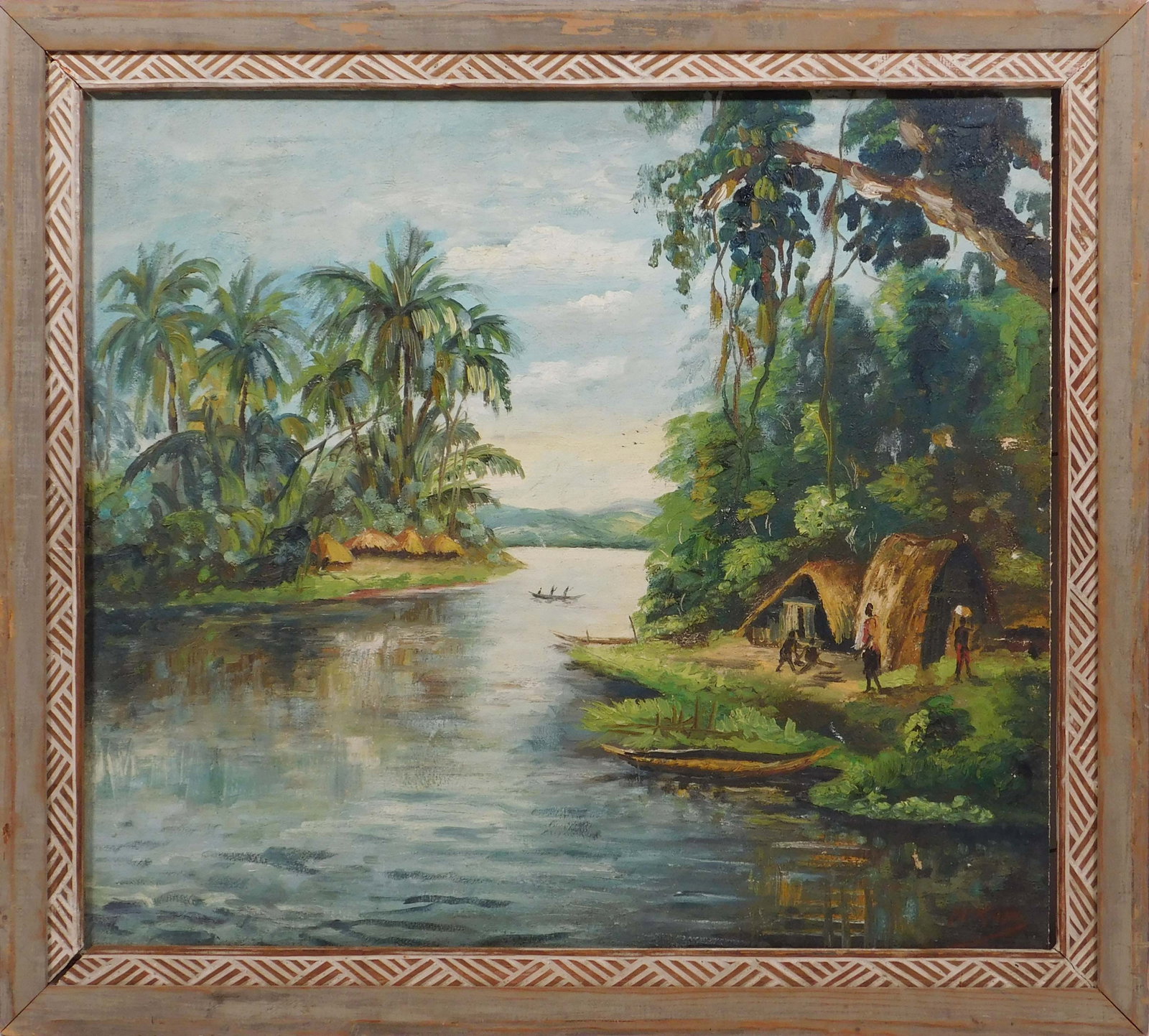 N. Kuyv: Tropical Jungle Scene: N. Kuyv (20th Century): Tropical Jungle Scene. Oil on Masonite, Signed lower right, Framed. This painting is a tribute to the beauty and richness of the Cantonese jungle landscape, and would make an