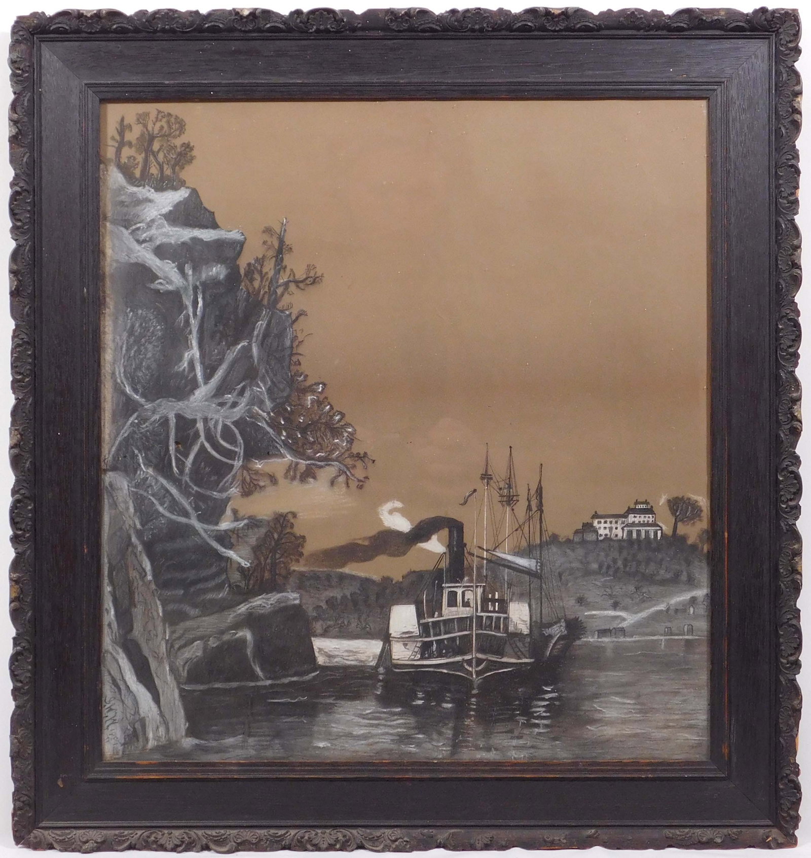River Boat: MMS (American, 20th Century): Southern Steam Boat. Graphite and chalk on brown paper, initialed and dated lower left, framed. The soft brown paper background adds a warm, rustic feel to the artwork, e