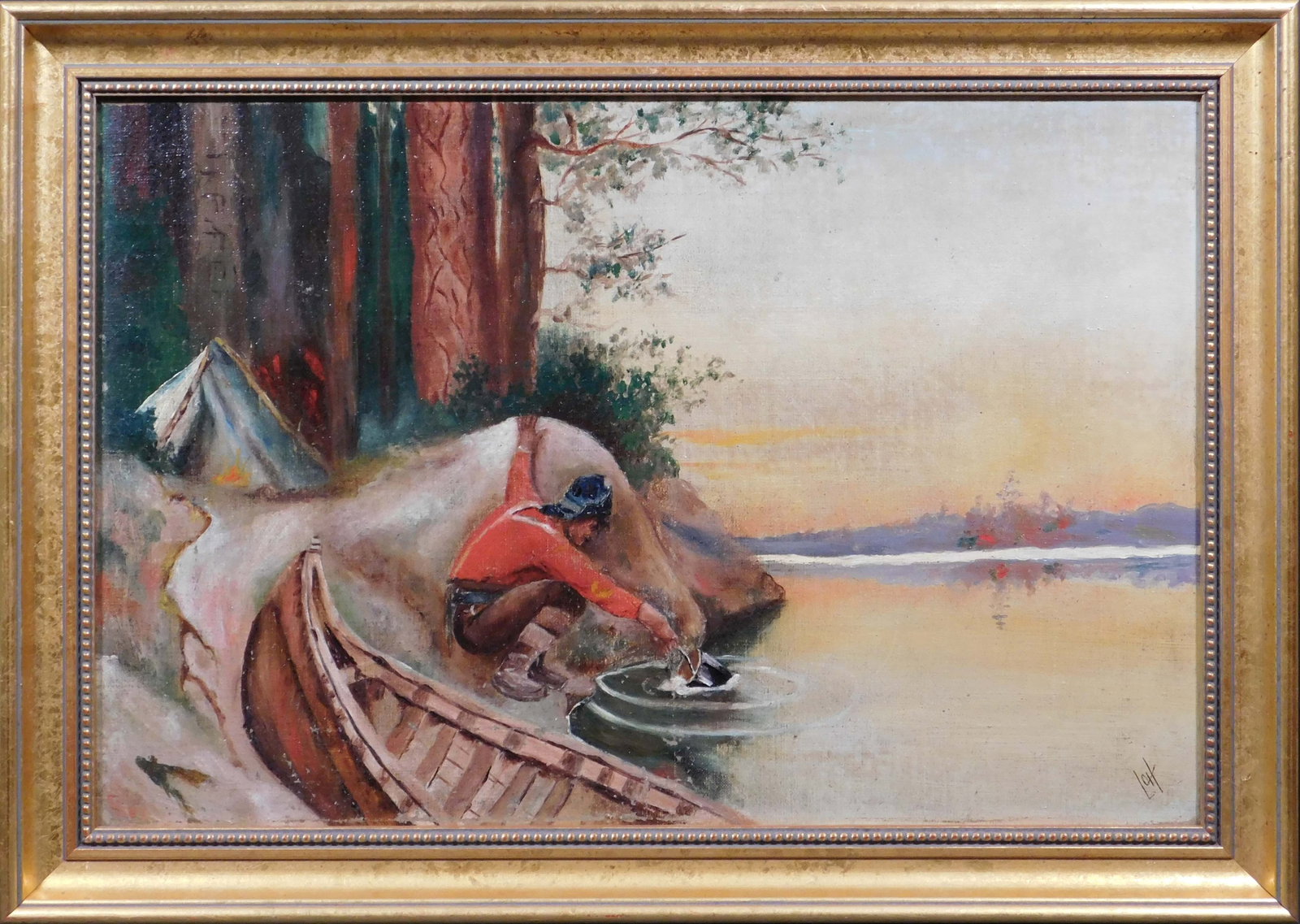 Lott: Settler at a Lakeside Camp Site: Lott (American, Early 20th Century): Settler at a Lakeside Camp Site. Oil on canvas, signed lower right, framed. This captivating painting captures the essence of early 20th century settler life,