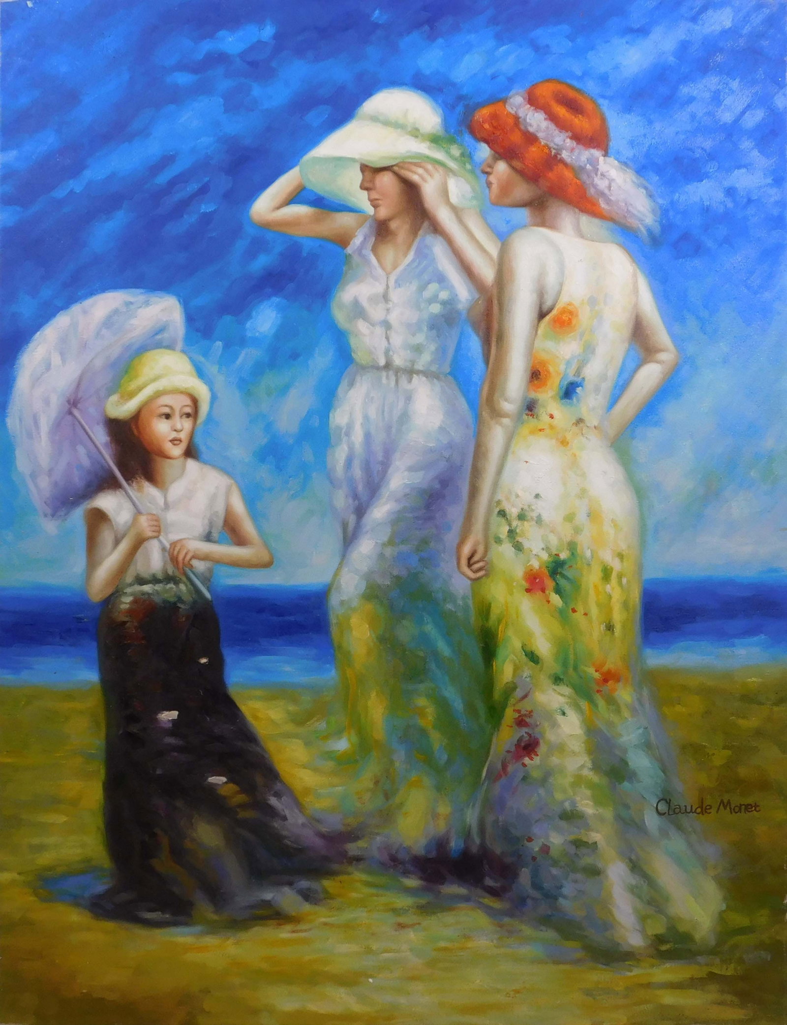 Three Ladies on a Beach: Three Ladies on a Beach, 20th Century: Oil on canvas inspired by the Impressionist painter Claude Monet, signed "Claude Monet" by another hand lower right. 40.25 x 30.75 inches canvas. Private