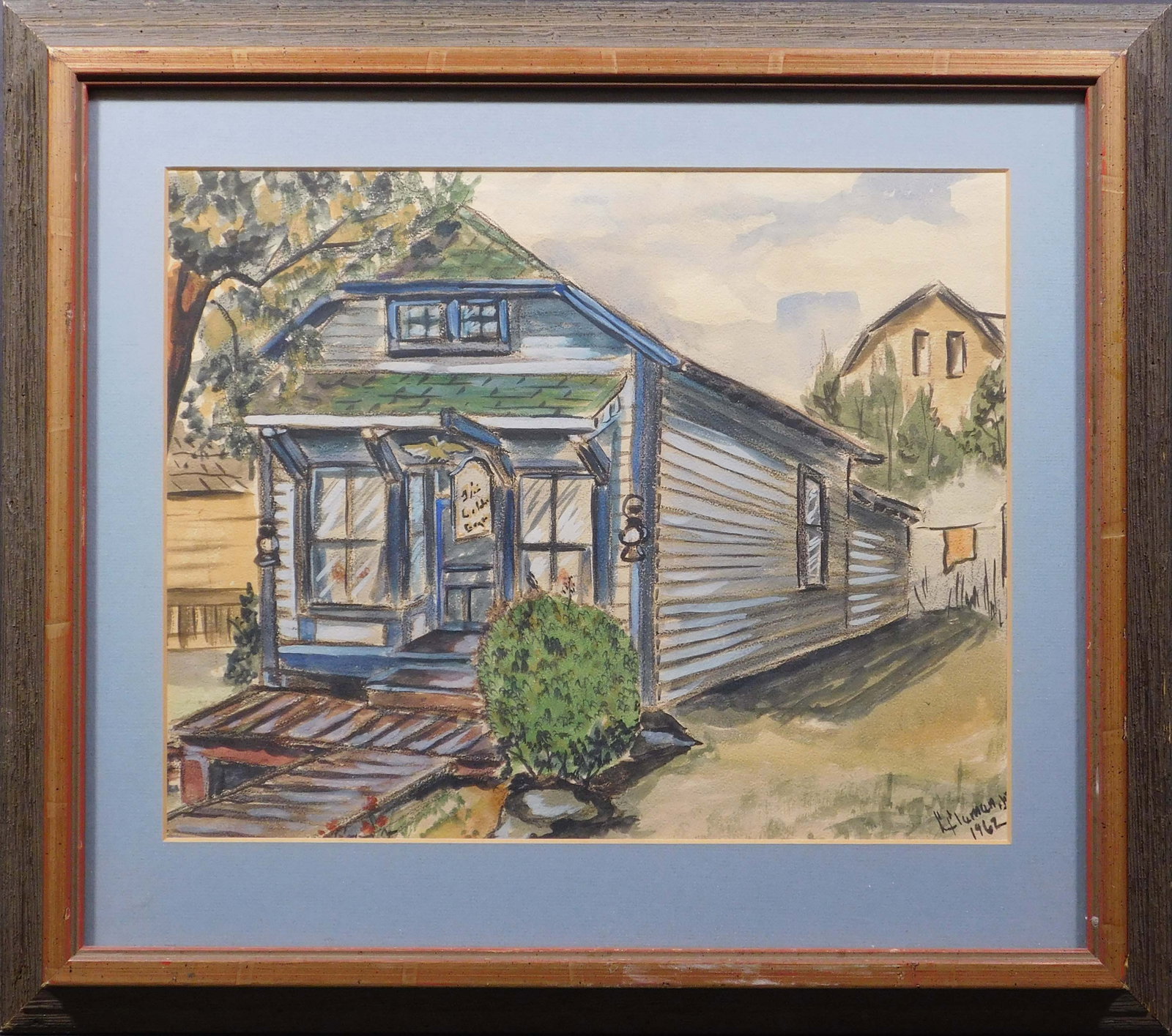 New Orleans Shotgun House: New Orleans Shotgun House, 1962. Watercolor and charcoal on cold pressed, cream colored paper, signed indistinctly and dated lower right, framed under museum glass. 16.75 x 19 inches framed; 10.75 x 1